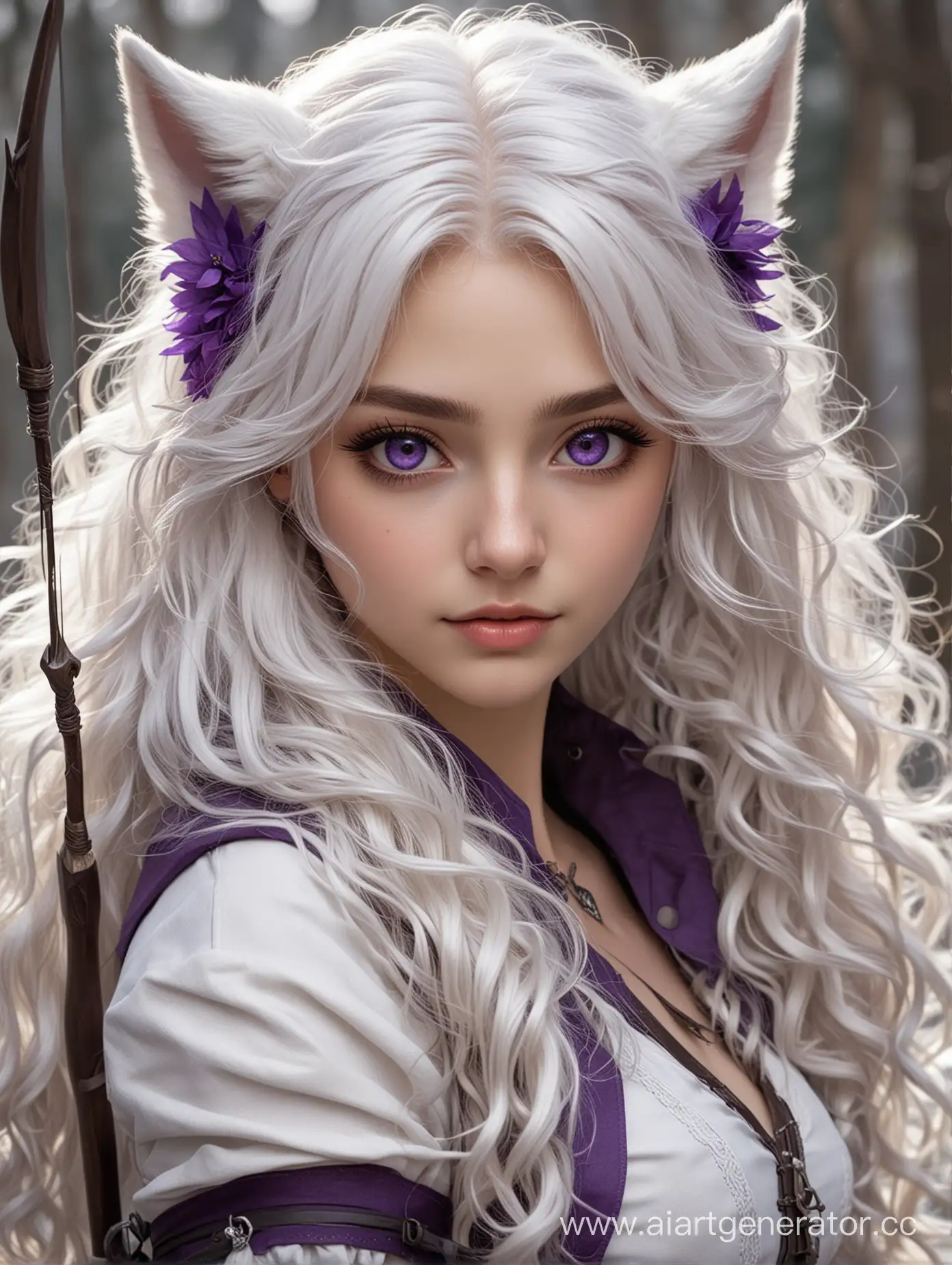 Девушка с белыми длинными кудрявыми волосами, фиолетовыми глазами, волчьими ушами, лучница