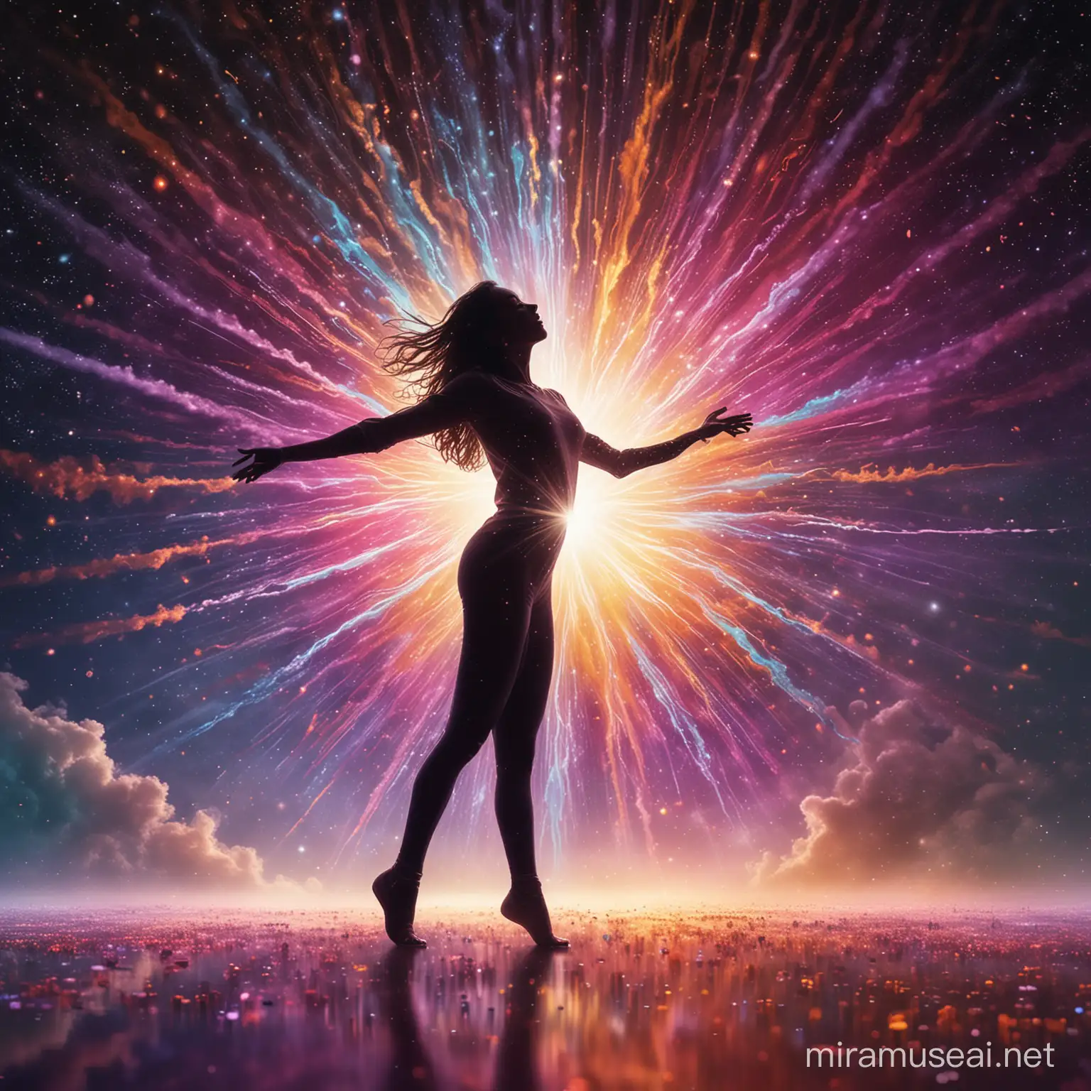 Create a dynamic album artwork featuring a silhouette of a person dancing amidst a cosmic explosion of light and energy bursting forth from a seedling, with that ethereal figure floating above a reflective surface of a vibrant, swirling vortex of colors emanating from a central point