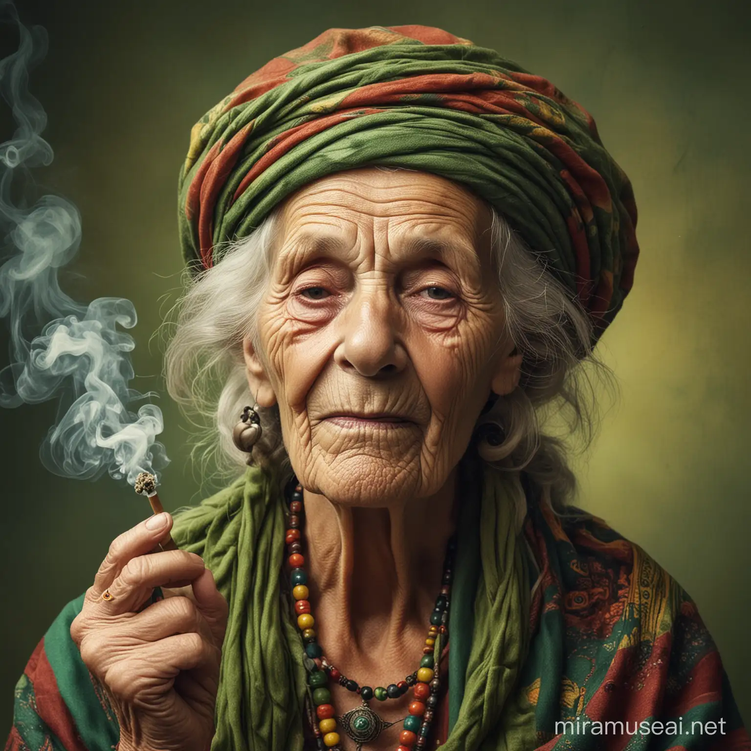 Old woman cannabis high, rasta, smoke 