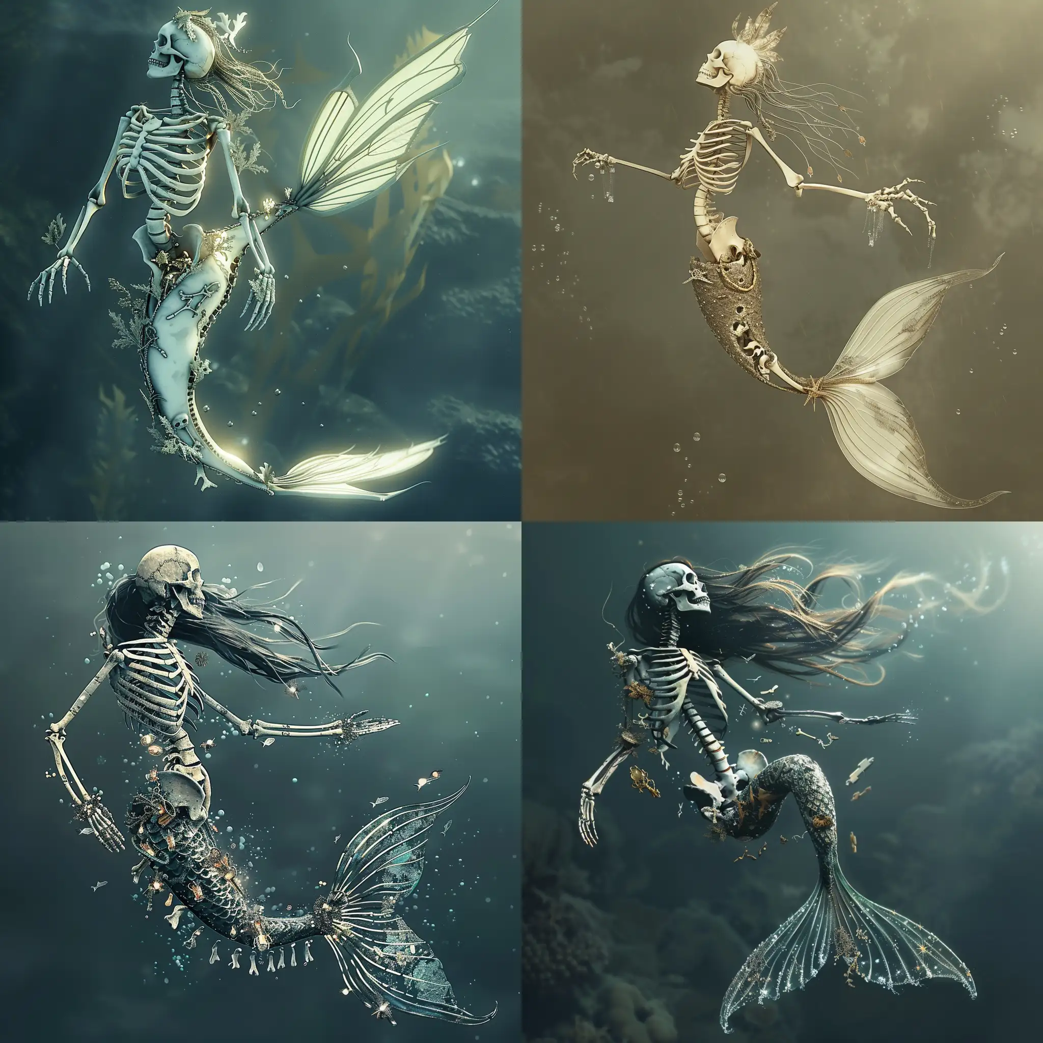 /imagine prompt: Envision a stunning skeleton mermaid, her ethereal form adorned with delicate bones and intricate skeletal features. Floating gracefully amidst the depths of the ocean, her skeletal tail shimmers with an otherworldly glow, while her skeletal arms extend elegantly, adorned with remnants of long-lost treasures. Despite her haunting appearance, there's an undeniable beauty in her skeletal form, a testament to the timeless allure of the ocean's depths. --ar 1:1 --stylize 100 --style raw --v 6.0
