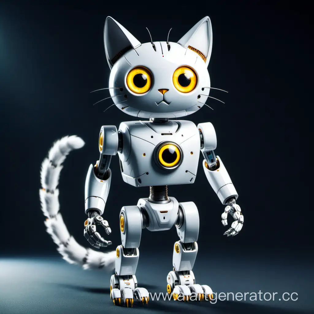 Белый робот с желтыми глазами и в виде кота стоит на двух ногах