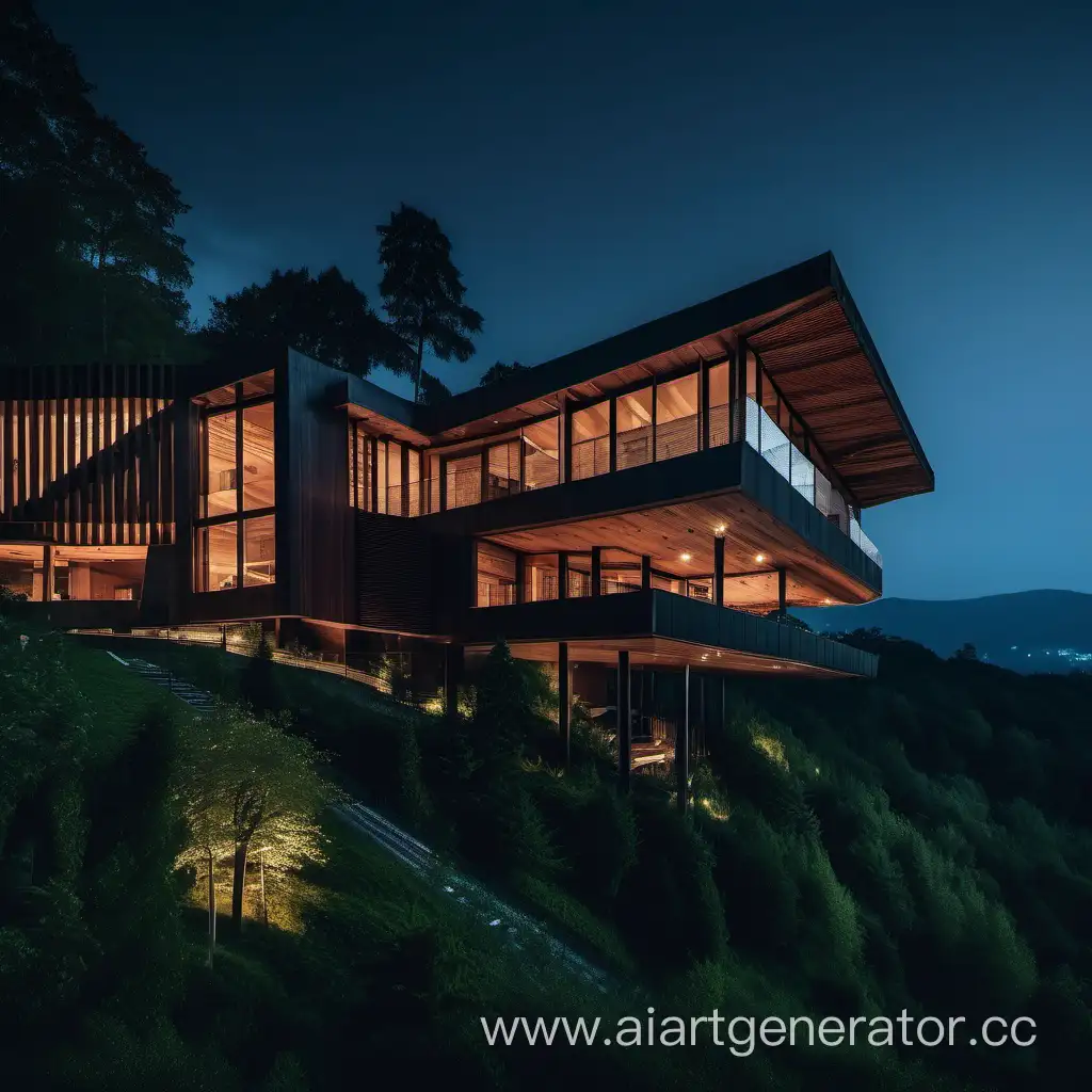Contemporary-Wooden-Mansion-Perched-on-Hill-in-Night-Forest-Setting