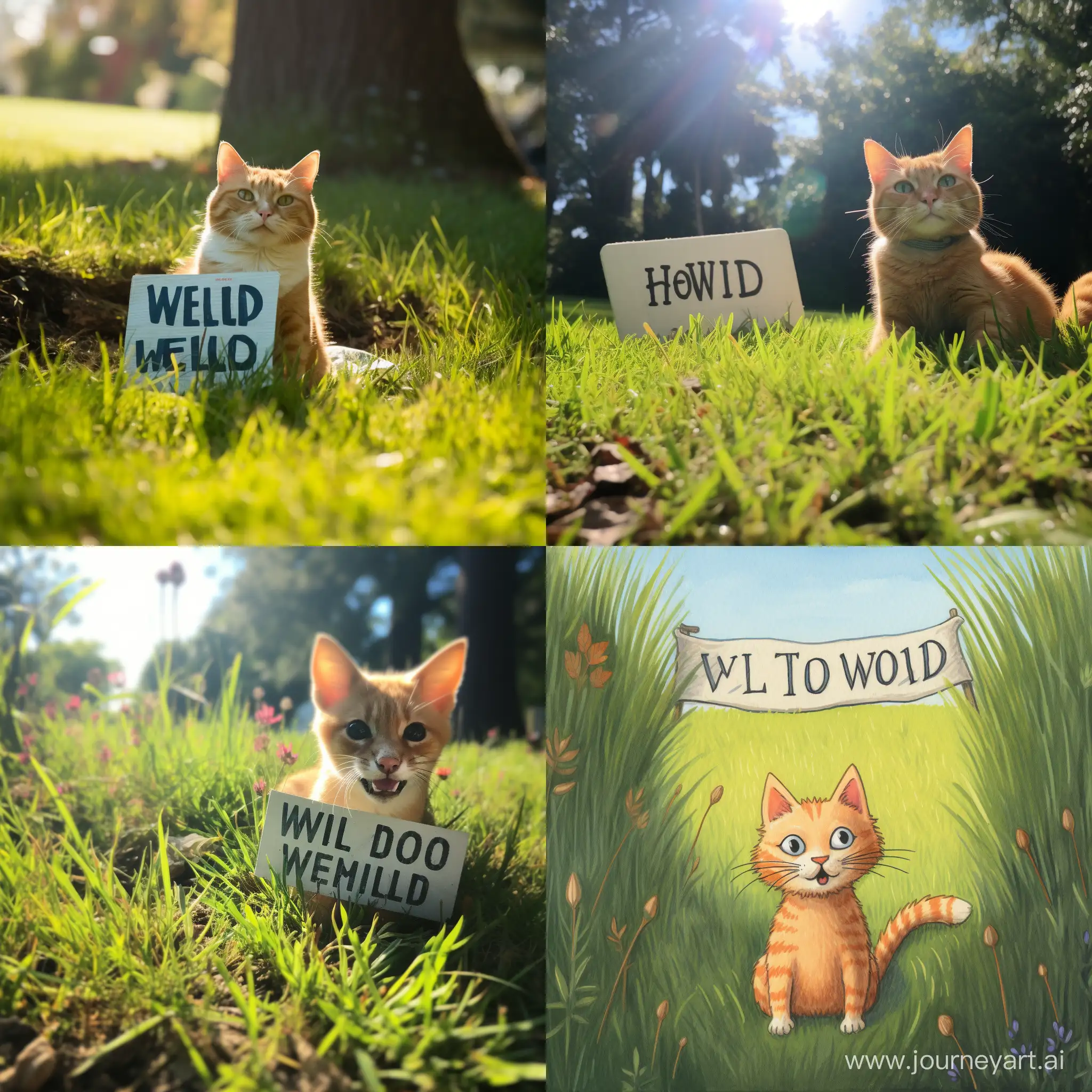 Friendly-Orange-Tabby-Cat-Greeting-with-Hello-World-Sign-on-Lush-Green-Grass