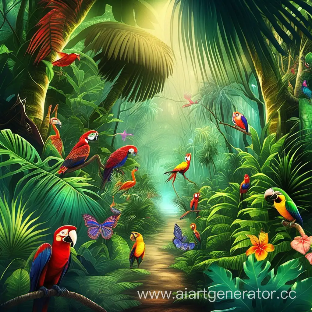 the picture is a tropical forest and there are many magical characters nearby