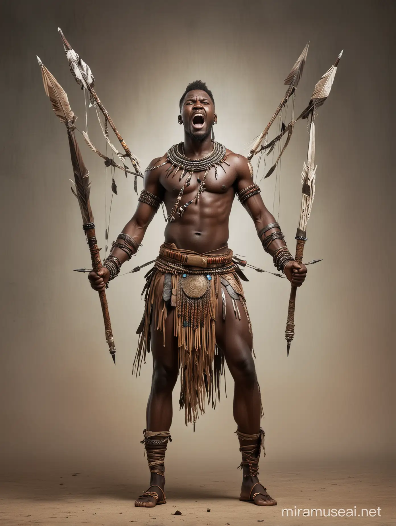 An African warrior standing screaming with arrows pierce through is body