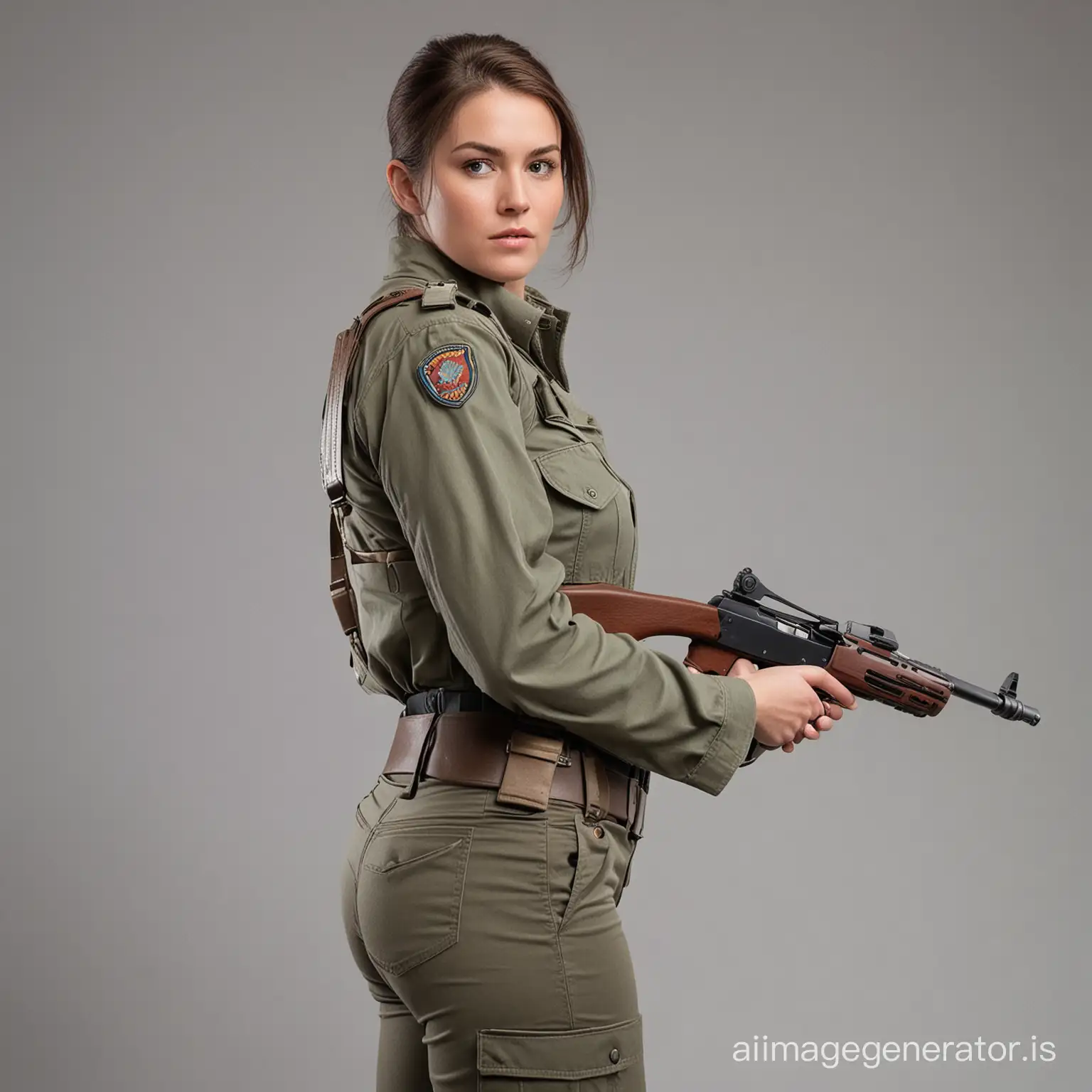 Woman holding a rifle, in mid-motion pose, standing sideways turning back to viewer