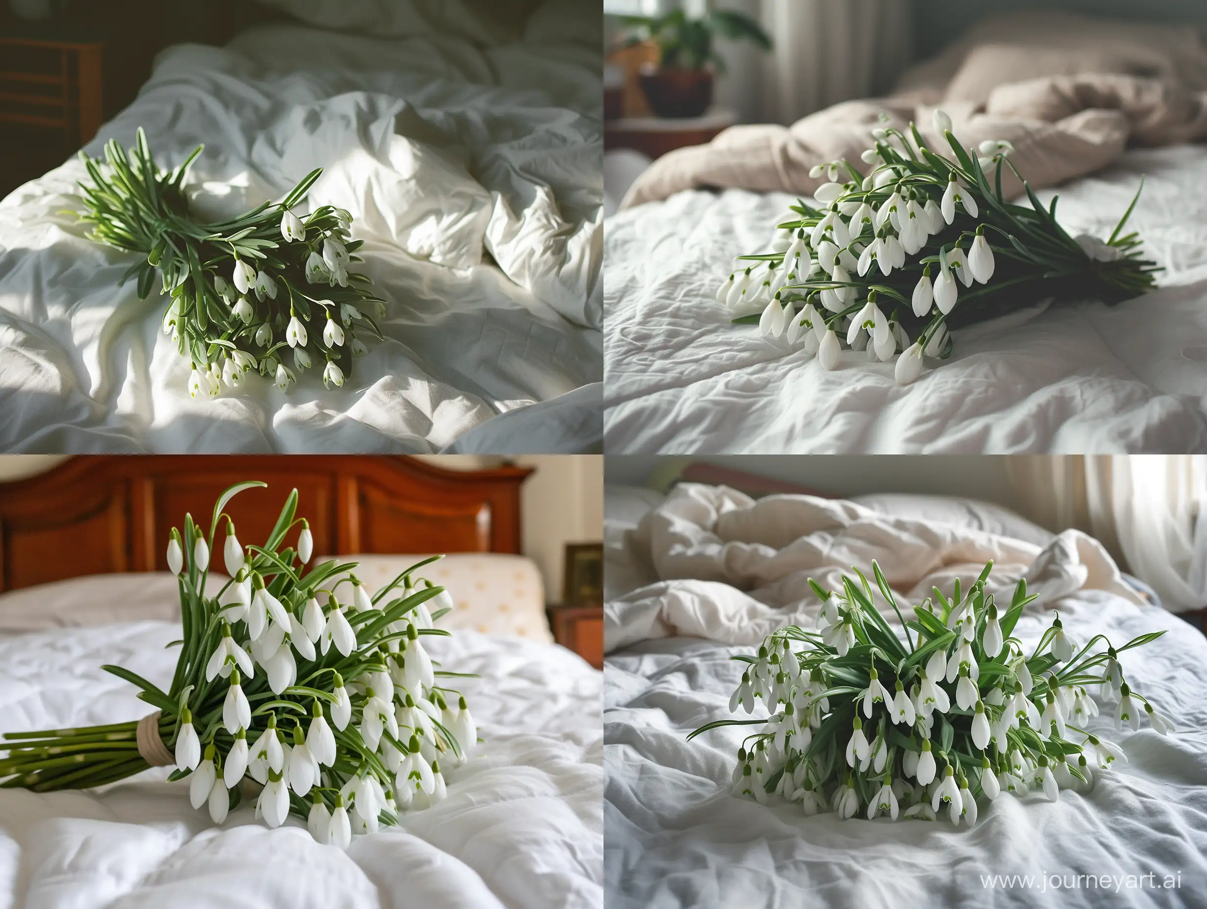 a bouquet of snowdrops on the bed