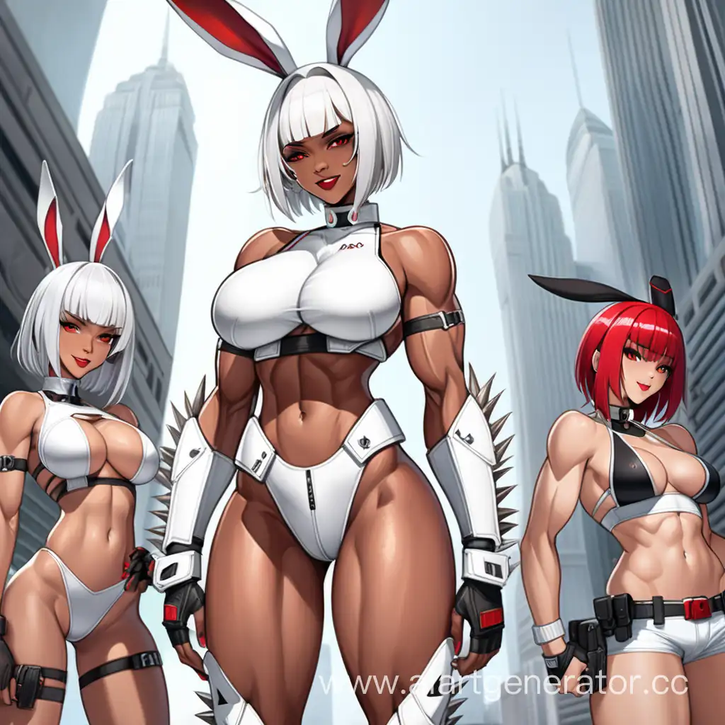 City, 1 Person, Women, Human, White hair, Long Rabit Ears, Short hair, Spiky style, Dark Brown Skin, White Full Body Suit, White Body Armor, Chocer, Scarlet Red Liptsick, Serious smile, Big Breasts, Scarlet Red eyes, Sharp Eyes, Hard Abs, Toned Abs, Big Muscular Arms, Big Muscular Legs, Well-toned body, Muscular body, 