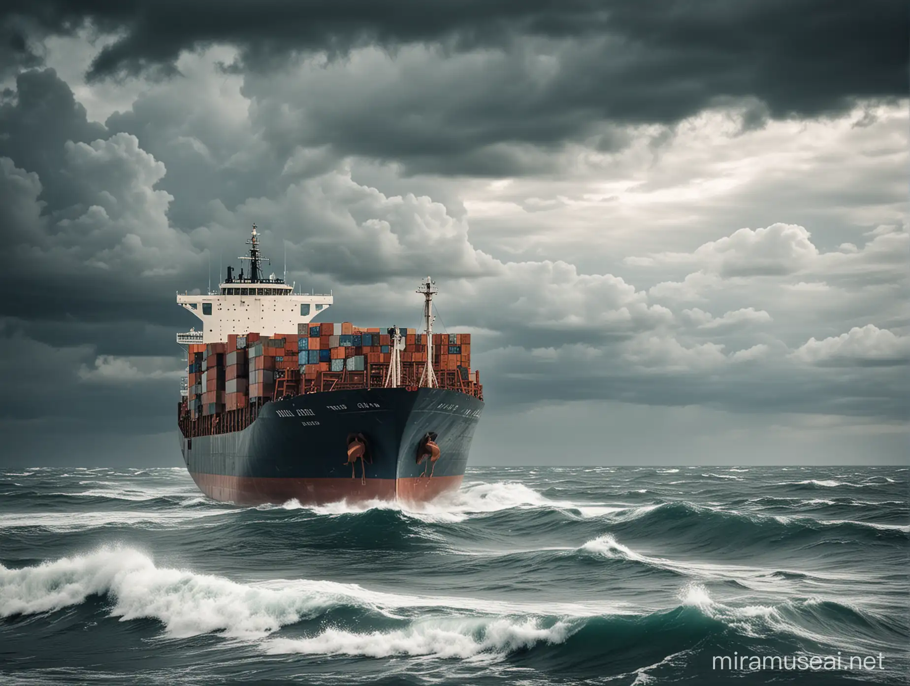 create a photo of a cargo ship sailing on  a rough ocean and with cloudy skies
