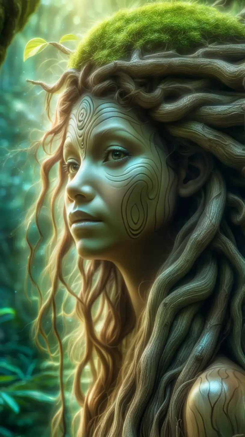Beautiful woman Tree spirit in a rainforest, her hair is connected to the roots of the tree, water dazzling with light and subtle nuances. Close-up photograph details accentuated with a macro lens, revealing the texture and color nuances --ar 16:9 --style raw --v 6.0 
