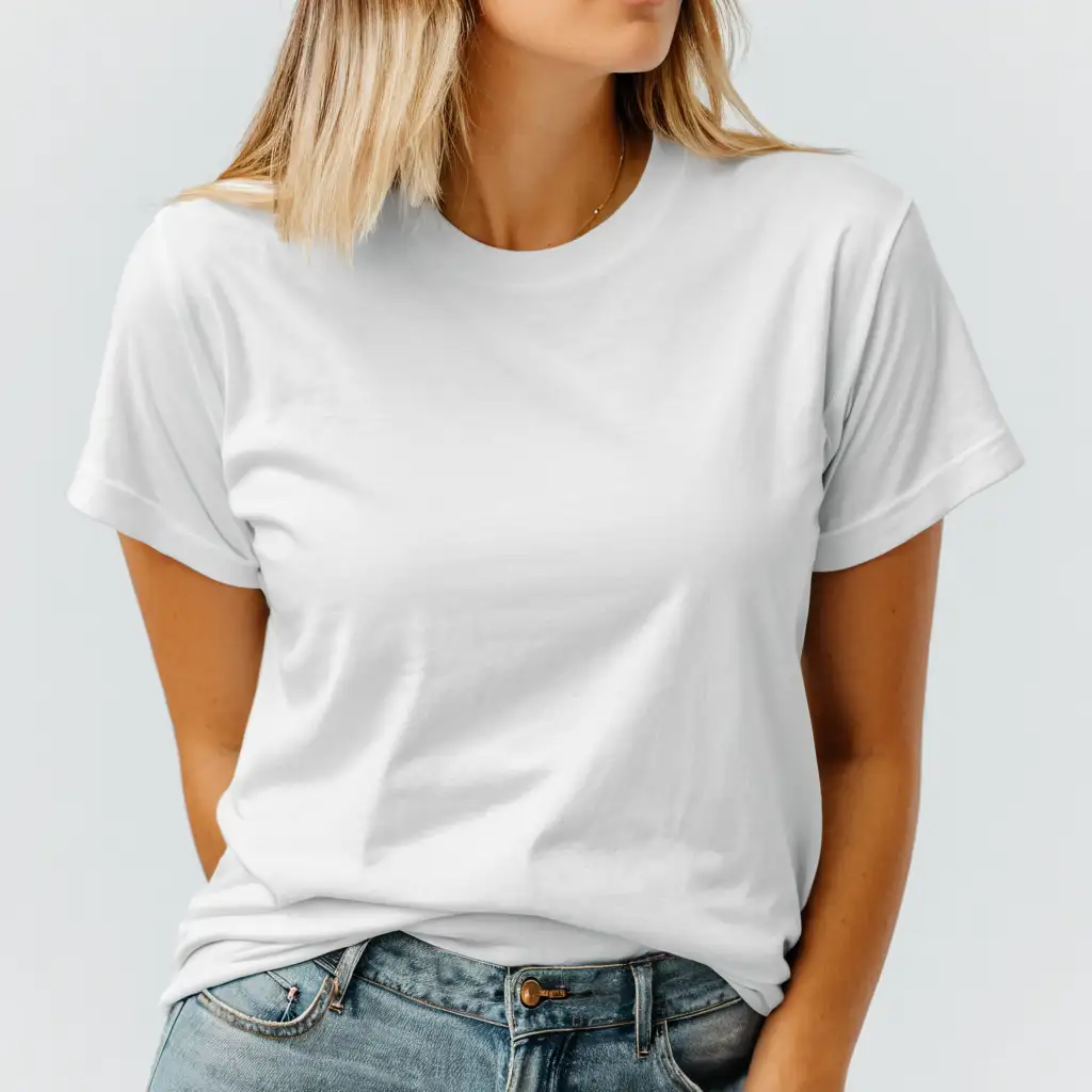 younger woman wearing white bella canvas 3001 t-shirt mockup, simple background