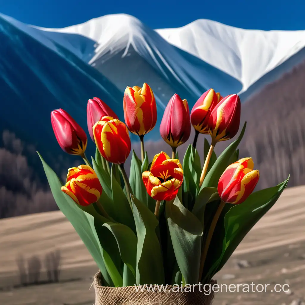 Букет тюльпанов в горах горного Алтая с надписью 8 марта