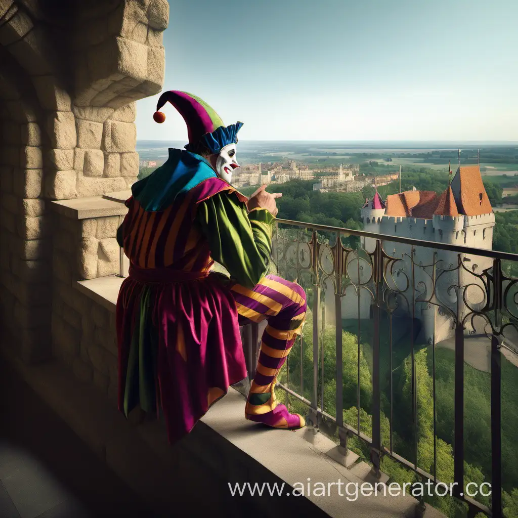 Jester-Relaxing-on-Castle-Balcony-Overlooking-Serene-Landscape