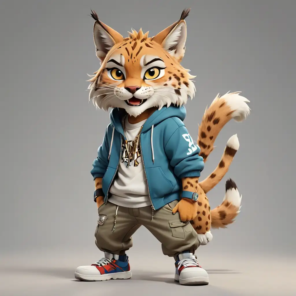 a  lynx in cartoon style, full body, Hip hop clothes, with clear background