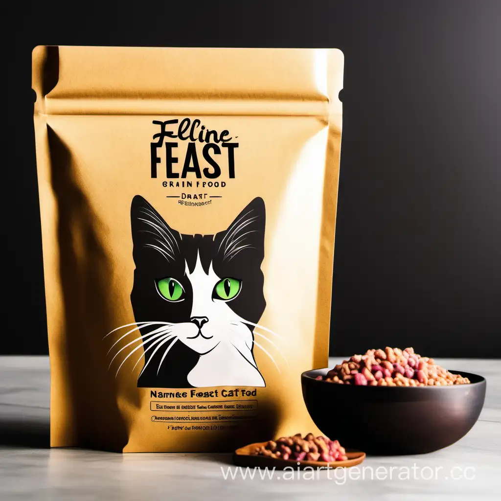 нарисуй упаковку беззернового корма для кошек с названием "FELINE FEAST" упаковка темного цвета с орнаментом рядом с кормом сидит красивая кошка