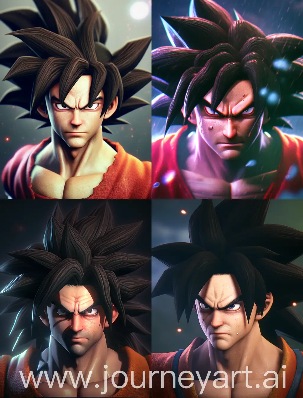 Goku Super Saiyan 4 from dragon ball GT, realistic perspective, xbox 360 graphics, surrealistic realism, emotive realism, soggy, eerily realistic