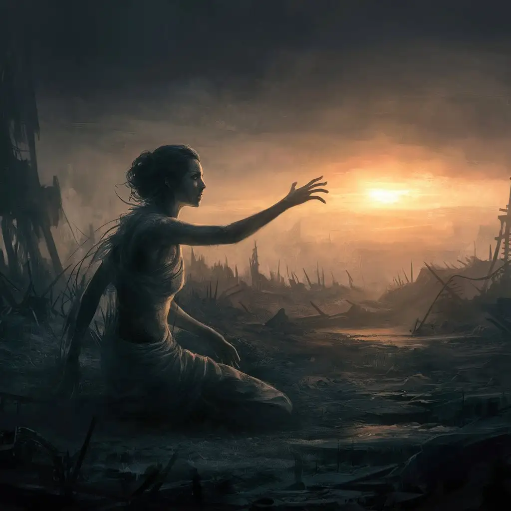 Digital painting of a post-apocalyptic wasteland, where a lone beautiful ethnic  female survivor reaches towards a distant light on the horizon, symbolizing hope and a new beginning in a world ravaged by destruction.