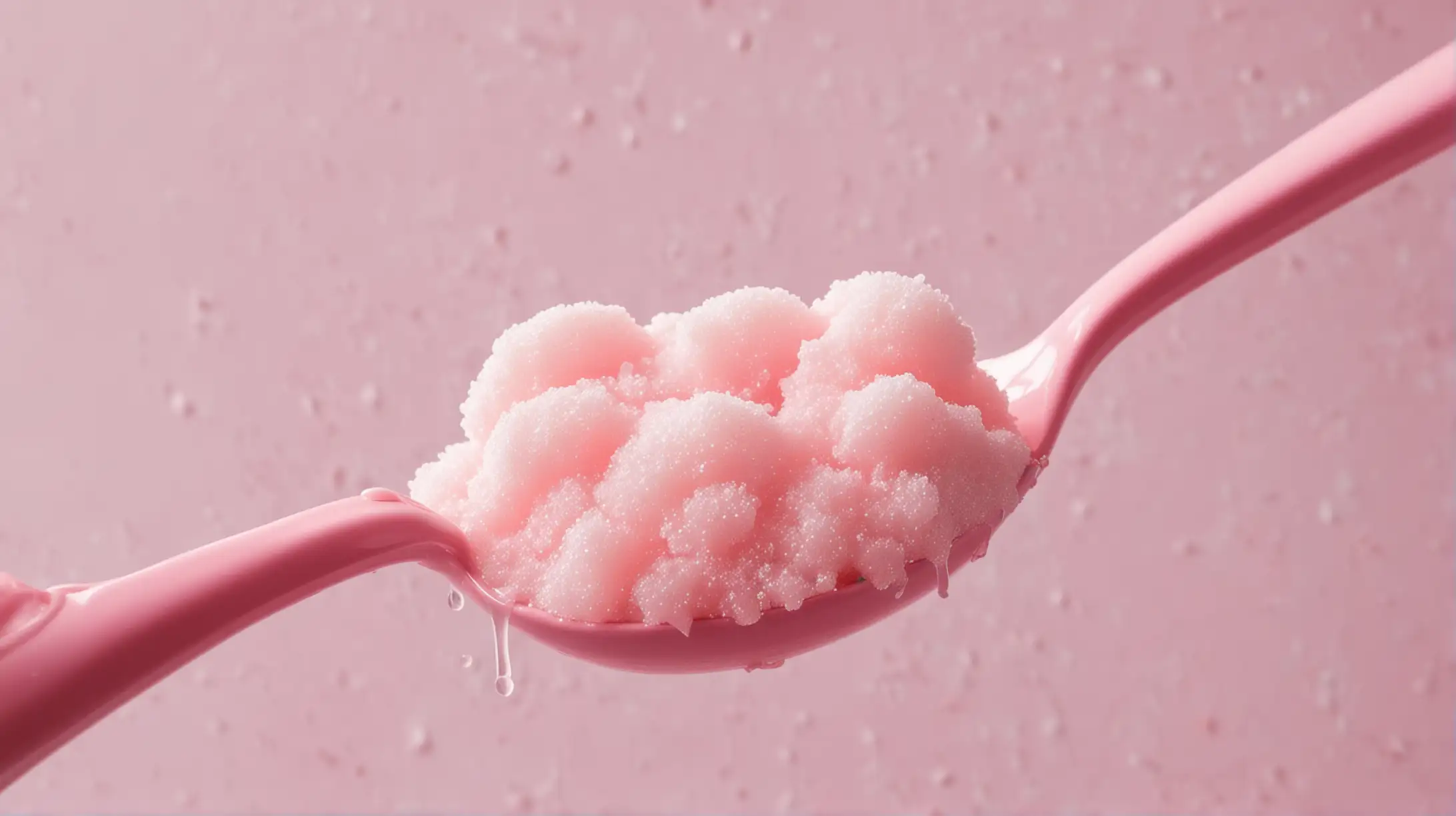 large pink spoon being held up. dripping sugar