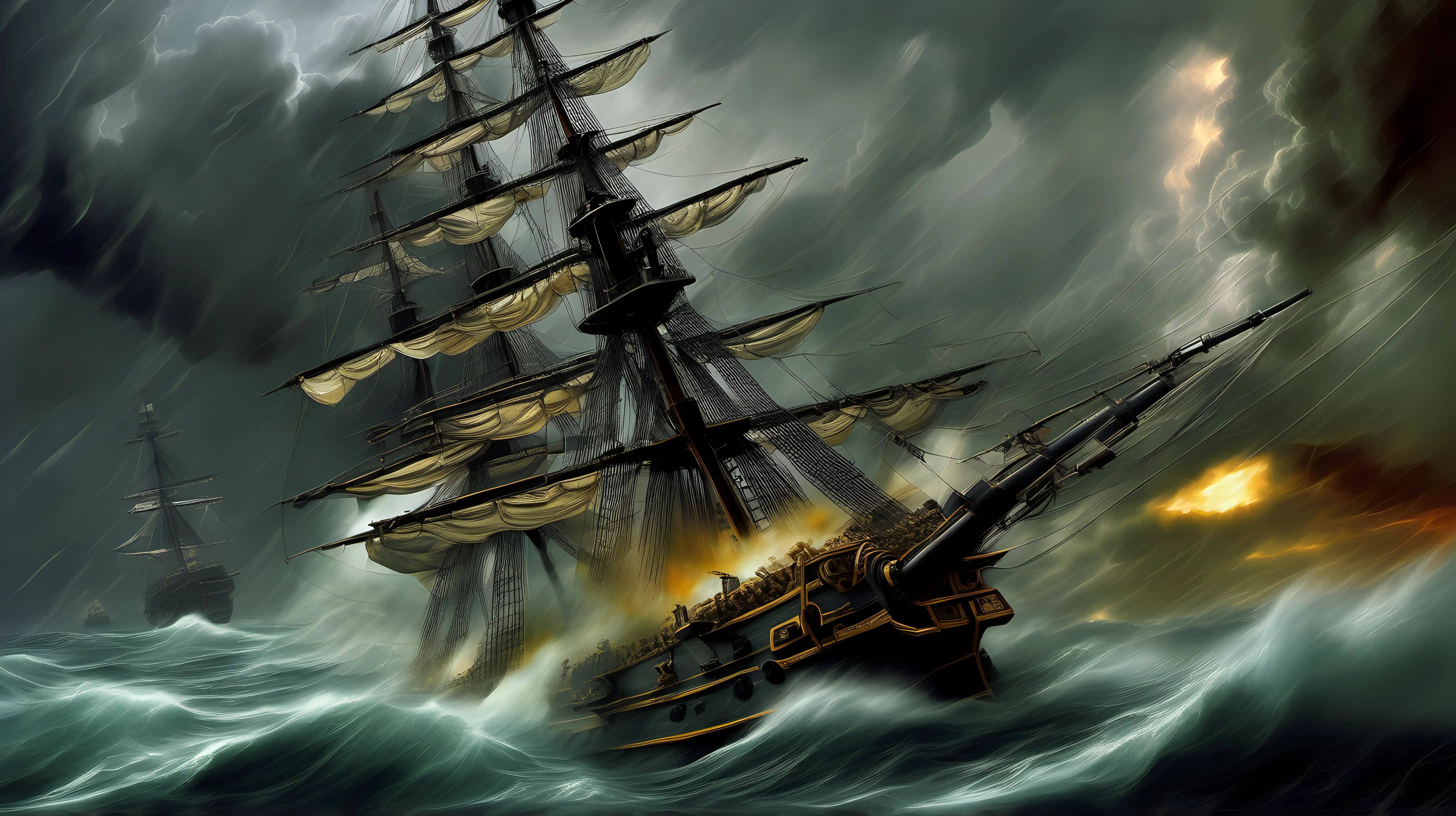 oil painting style of a 1700 square rig battle ship, firing cannons, storm