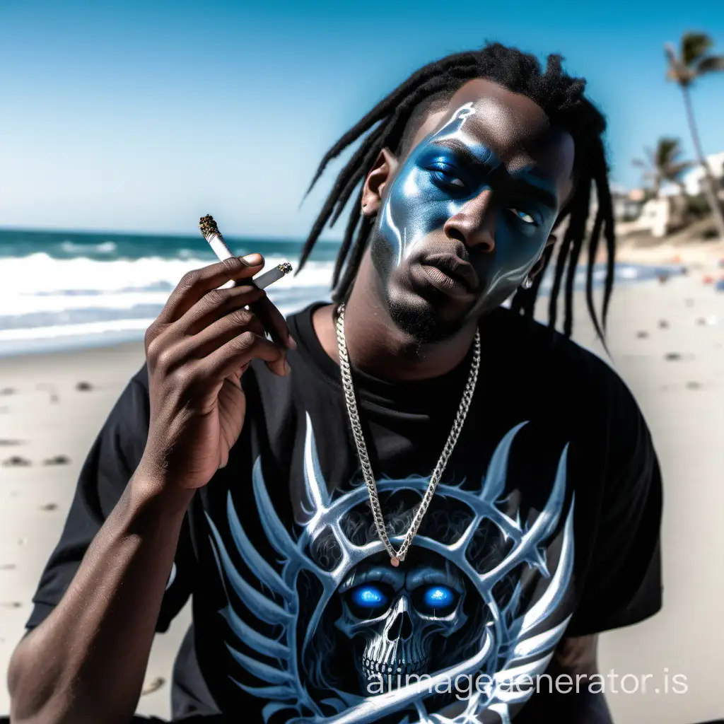 Black man with blue eyes wearing all black death metal-themed clothing smoking weed on the beachside