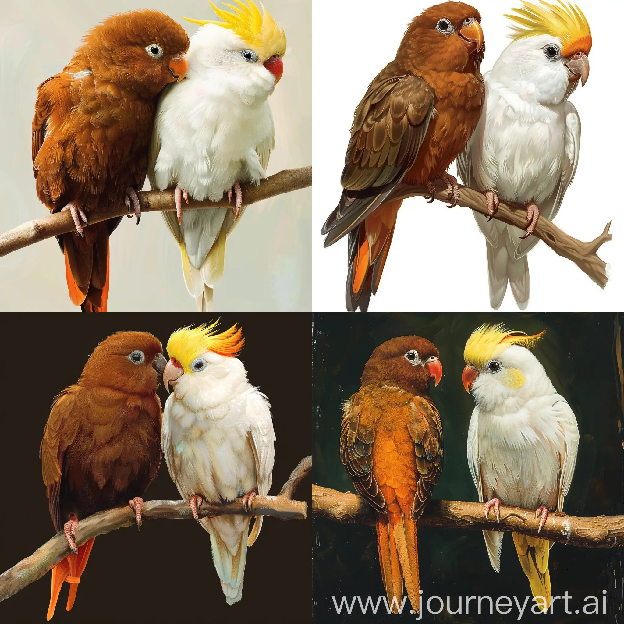 Реалистичное изображение двух влюбленных попугаев, сидящих на веточке: один коричневый, его перья на конце хвоста и крыльев плавно переходят в оранжевый цвет. А второй полностью белый, но с желтым хохолком на голове