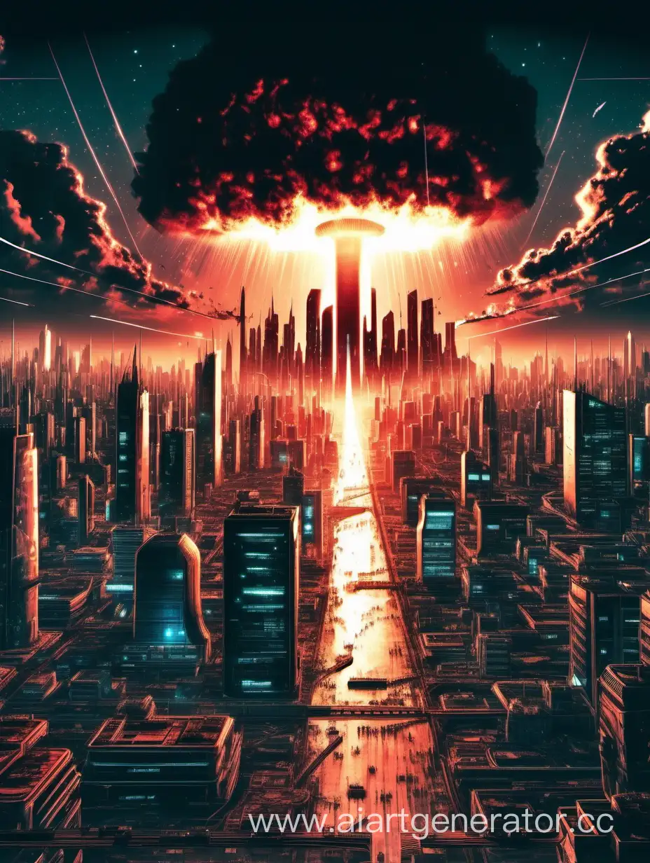 город будущего в стиле киберпанка, ночью.на фоне огромного ядерного взрыва.чей свет освещает здания. Одним словом апокалипсис 2077-го! 