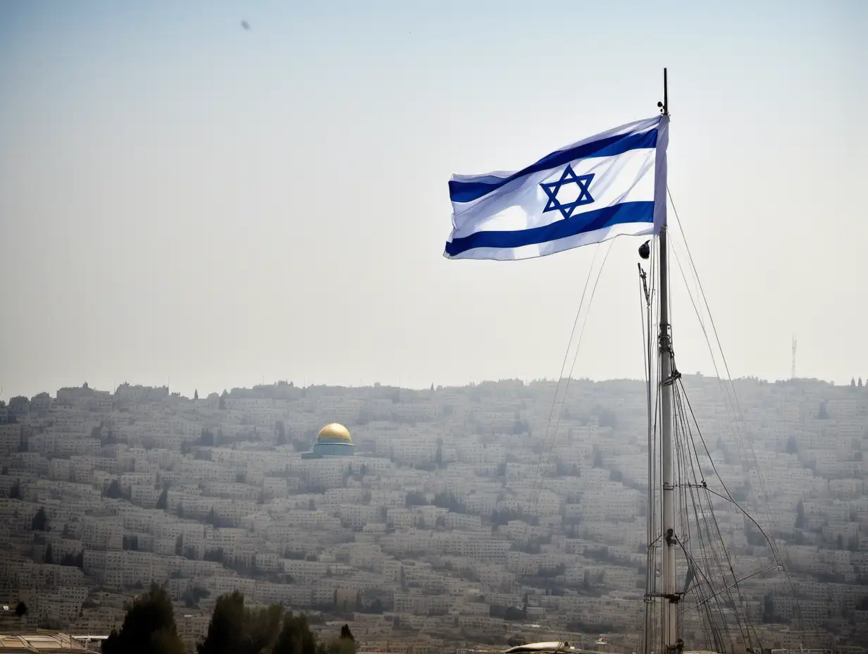 The Israeli flag flutters in the wind at the top of the mast