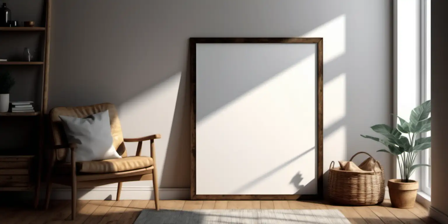 wooden poster white blank frame mockup, reflection, shadow overlay, cozy living room, farmhouse stlyle, warm room, 4K, exclude random objects,