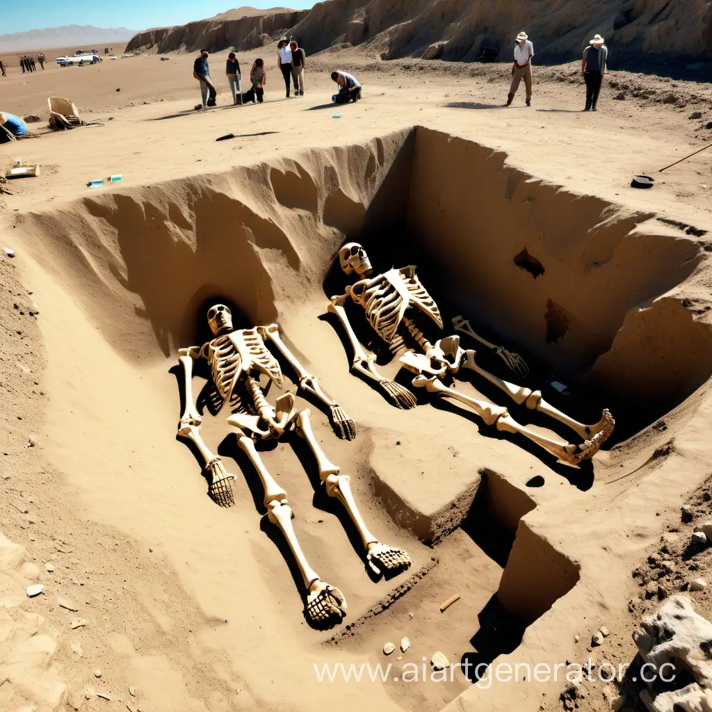 Пустыня, солнечный день, работают археологи, идут раскопки гигантского скелета древнего человека.