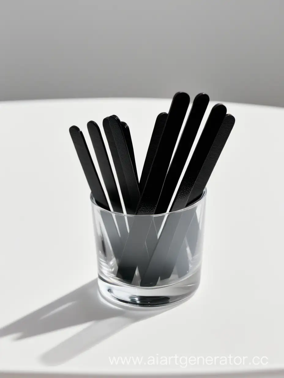 набор  из 20 черных  пилочек для маникюра в стакане  на белом столе 