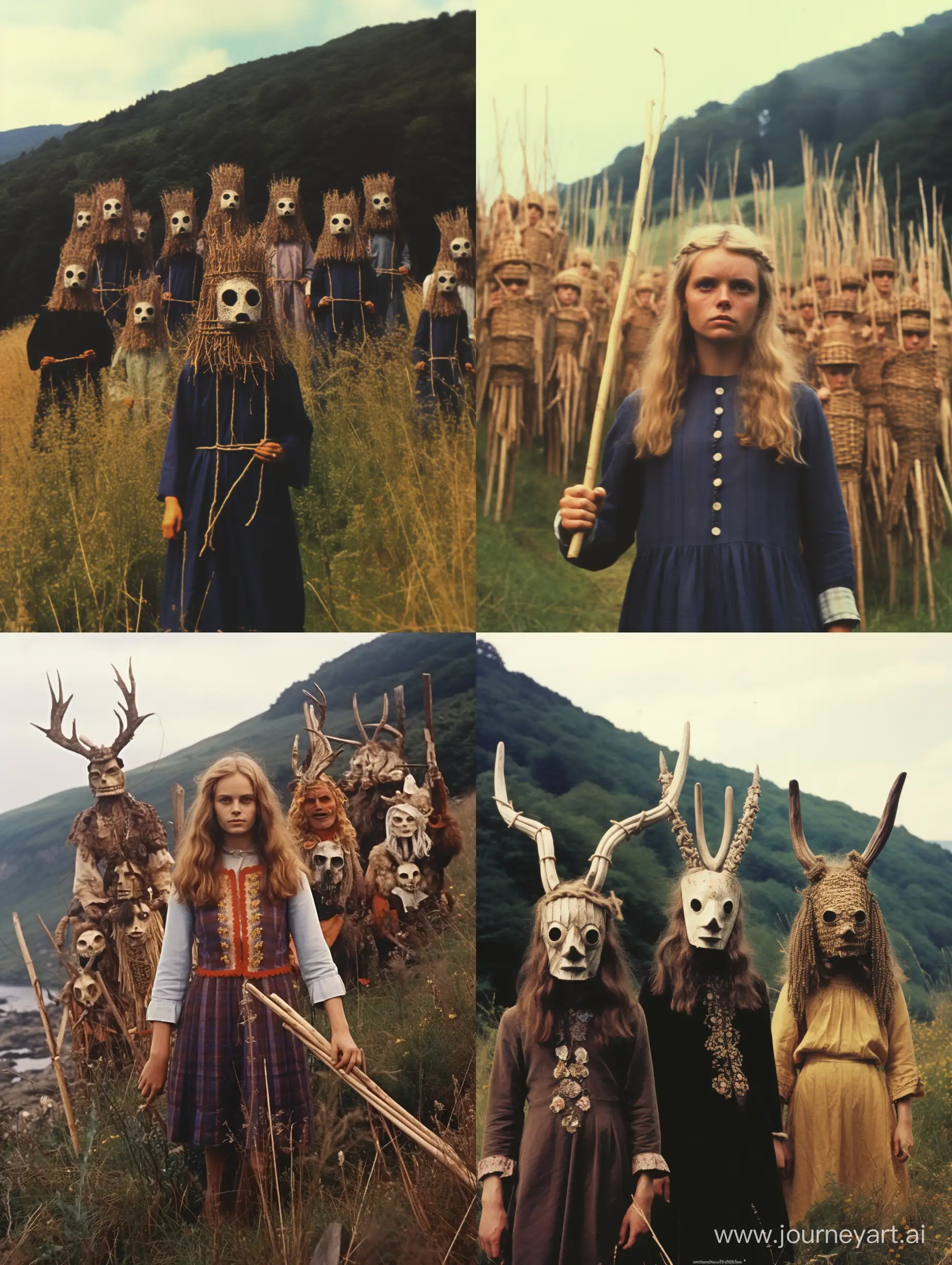 Very unsettling photo from the style of the 1970s that evokes folk horror, the ritual, unhinged, wicker man, pagan horror, midsommar, Sophie Gengembre Anderson, kitty lange kielland, photo taken with provia, grainy, British rural, 1960s, hikecore