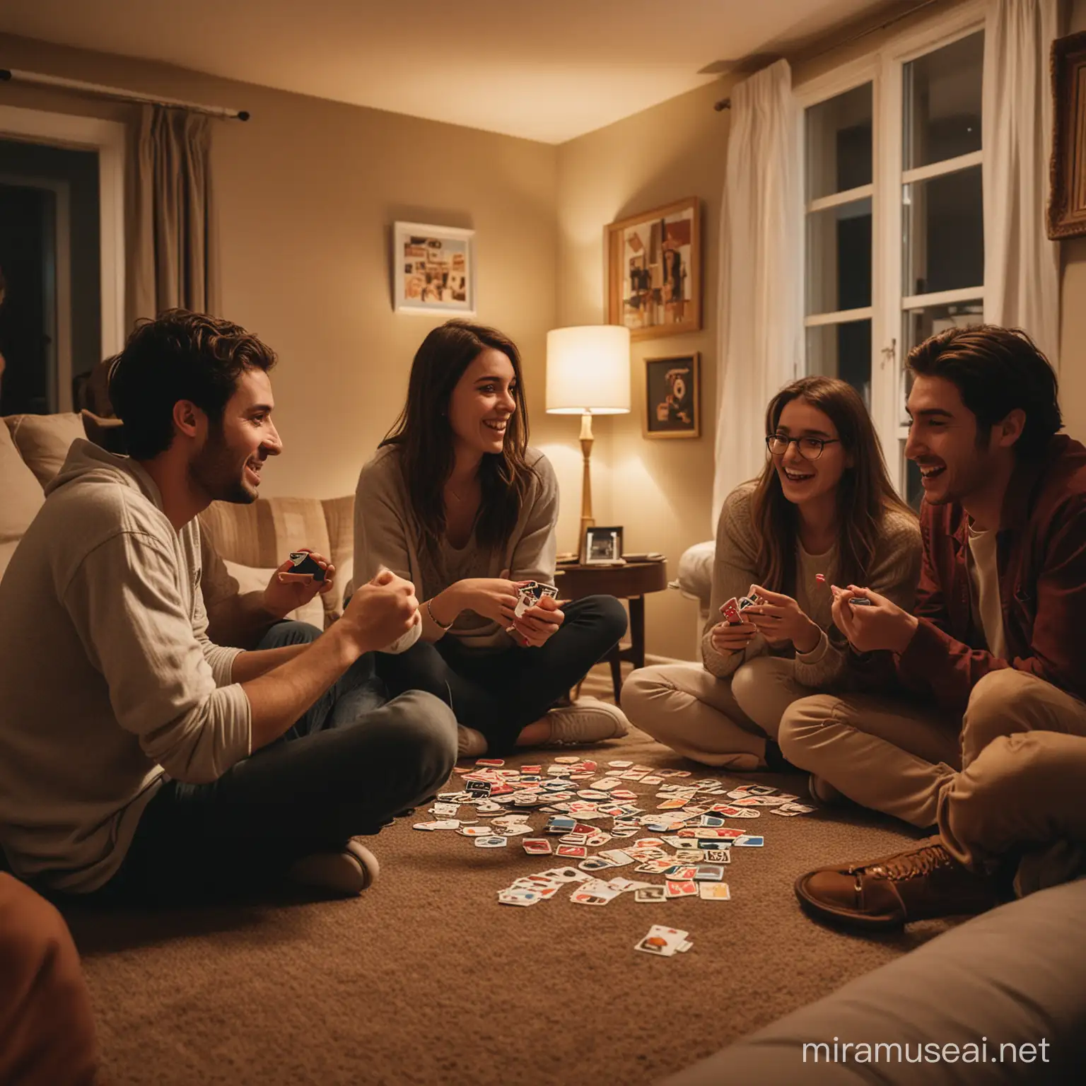 cinco amigos y amigas universitarios jugando a las cartas UNO en la sala de una casa. La sala esta poco iluminada y tiene tonos cálidos.