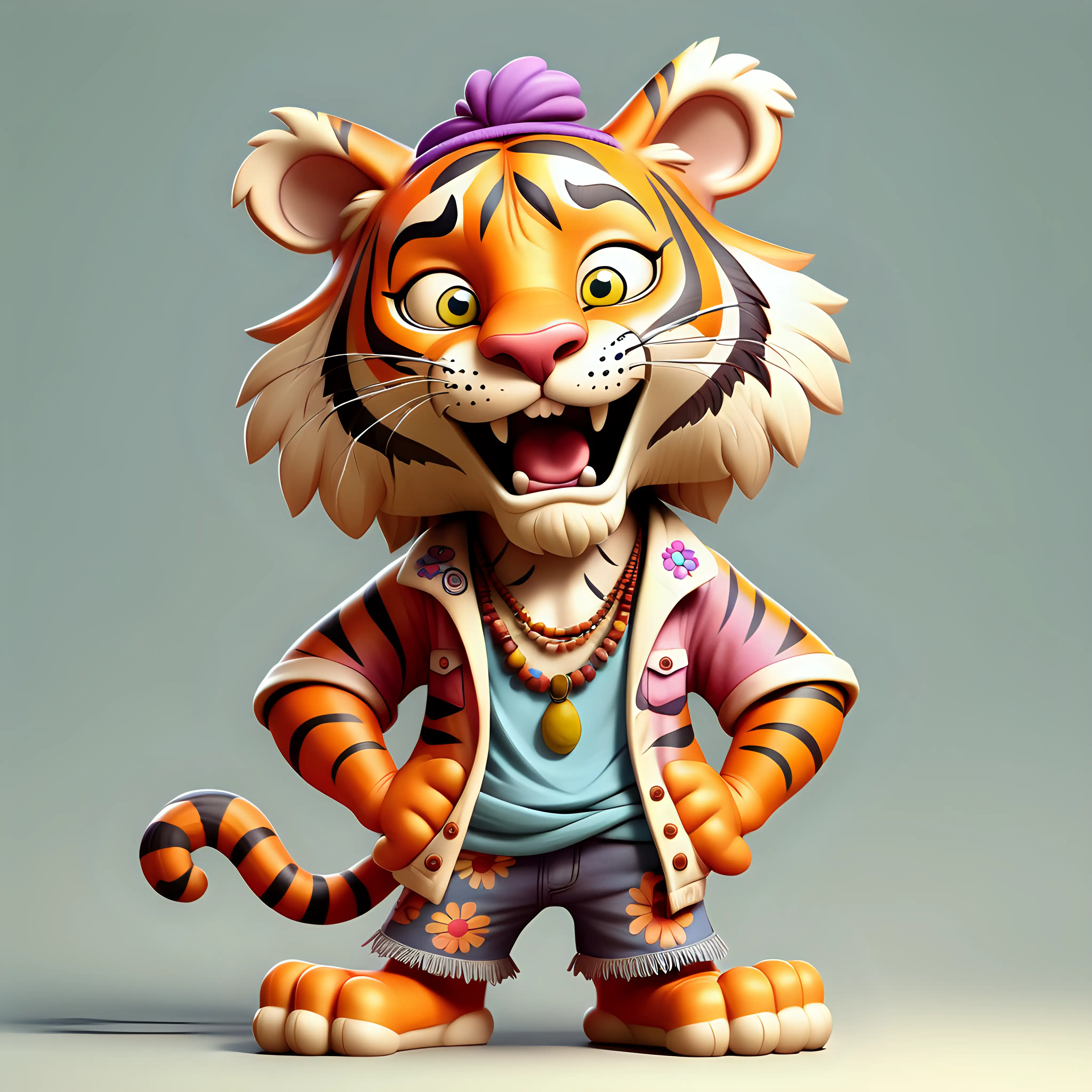 a cute funny tiger in full body cartoon style with Hippie clothes with clear background