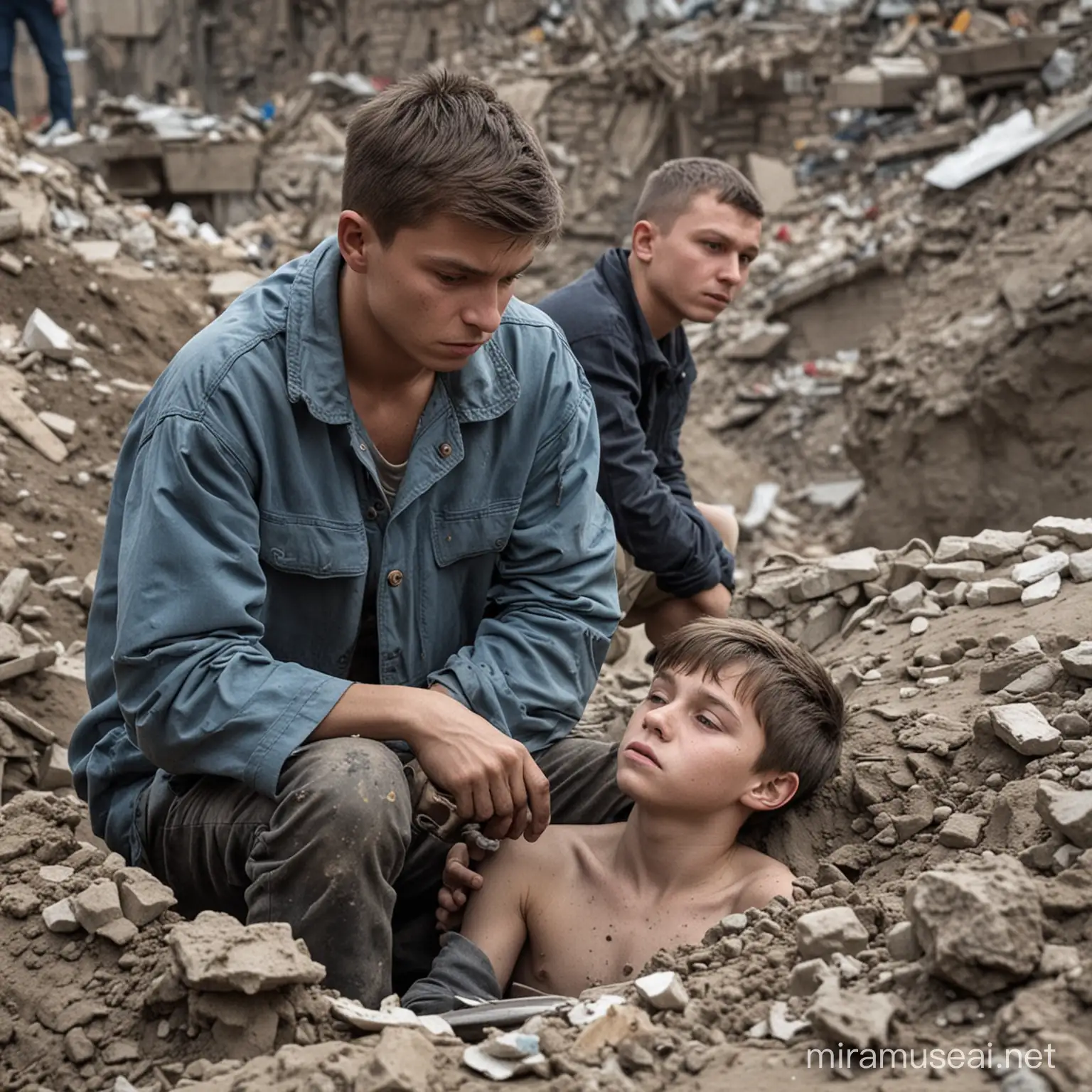 a fully clothed quiet unemotional 19 year old Ukrainian boy finds his younger 8 year old brother buried in the rubble covering the bathtub 