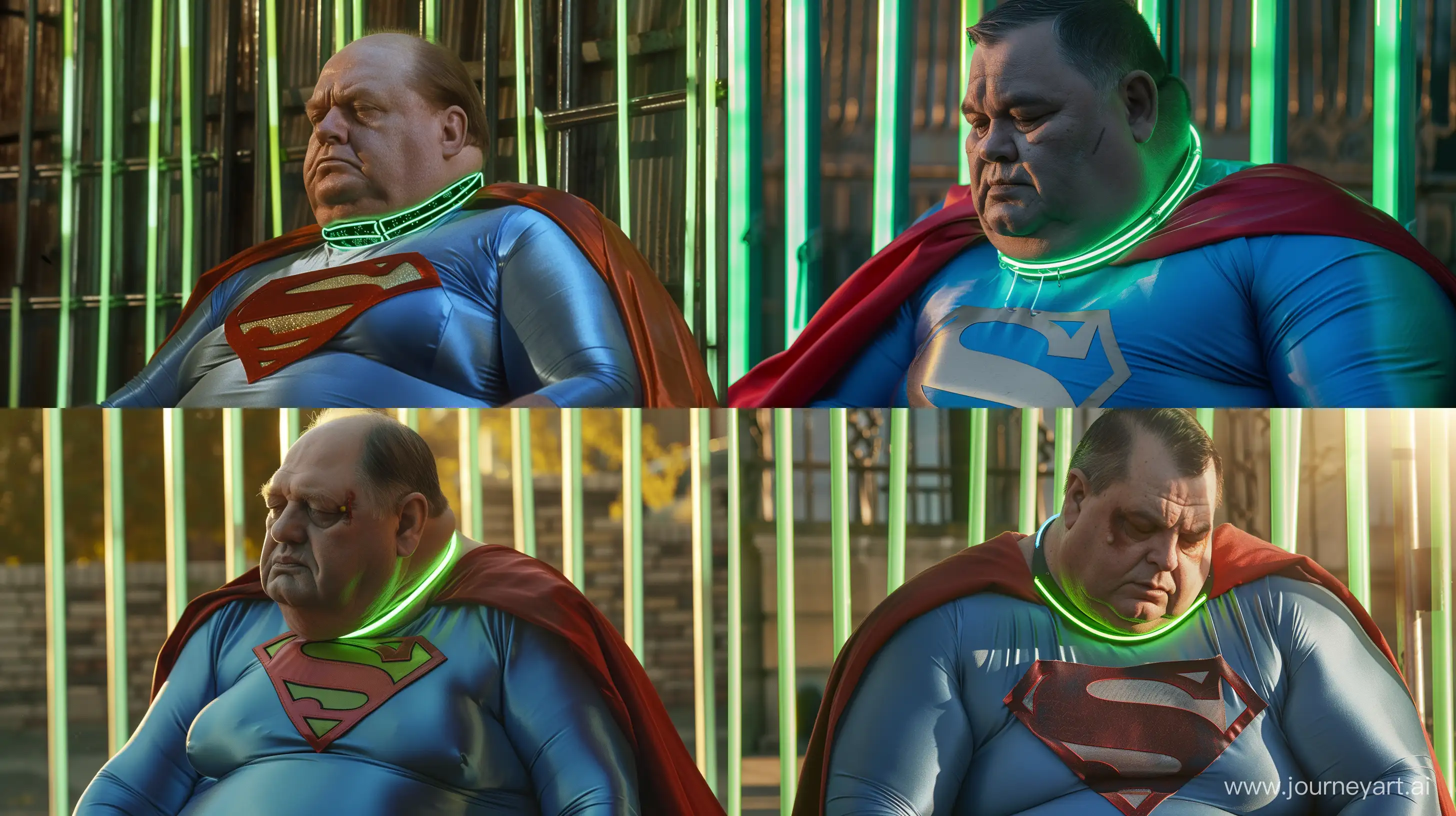 Close-up photo of a fat man aged 60 wearing a silk blue superman tight costume with a large red cape and a tight green glowing neon dog collar looking down. Sitting against green glowing green neon bars. Outside. Daylight. --style raw --ar 16:9