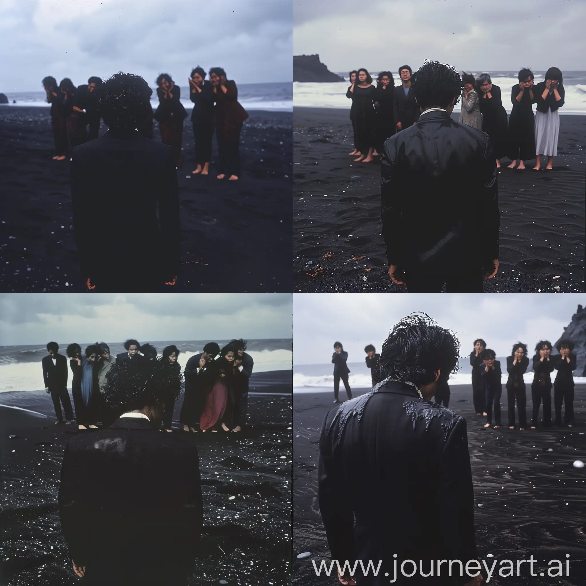 Photo of a black-hair man weared black suit with his back to the camera, several crying people stood behind him with their backs facing each other, they stood on a black sand beach, realistic photograph, film color, movie shot, 1980s, shot on Kodak ektachrome 100 plus,surreal , Wide-Angle view, high details, 4K --ar 1:1 --v 6.0