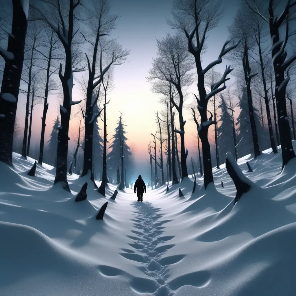 create hyped snow landscape with different trees, silhouette of a skinny troll walking into the horizon, footsteps in the snow, twilight, forest, 1080p resolution, ultra 4K, volumetric light, high quality