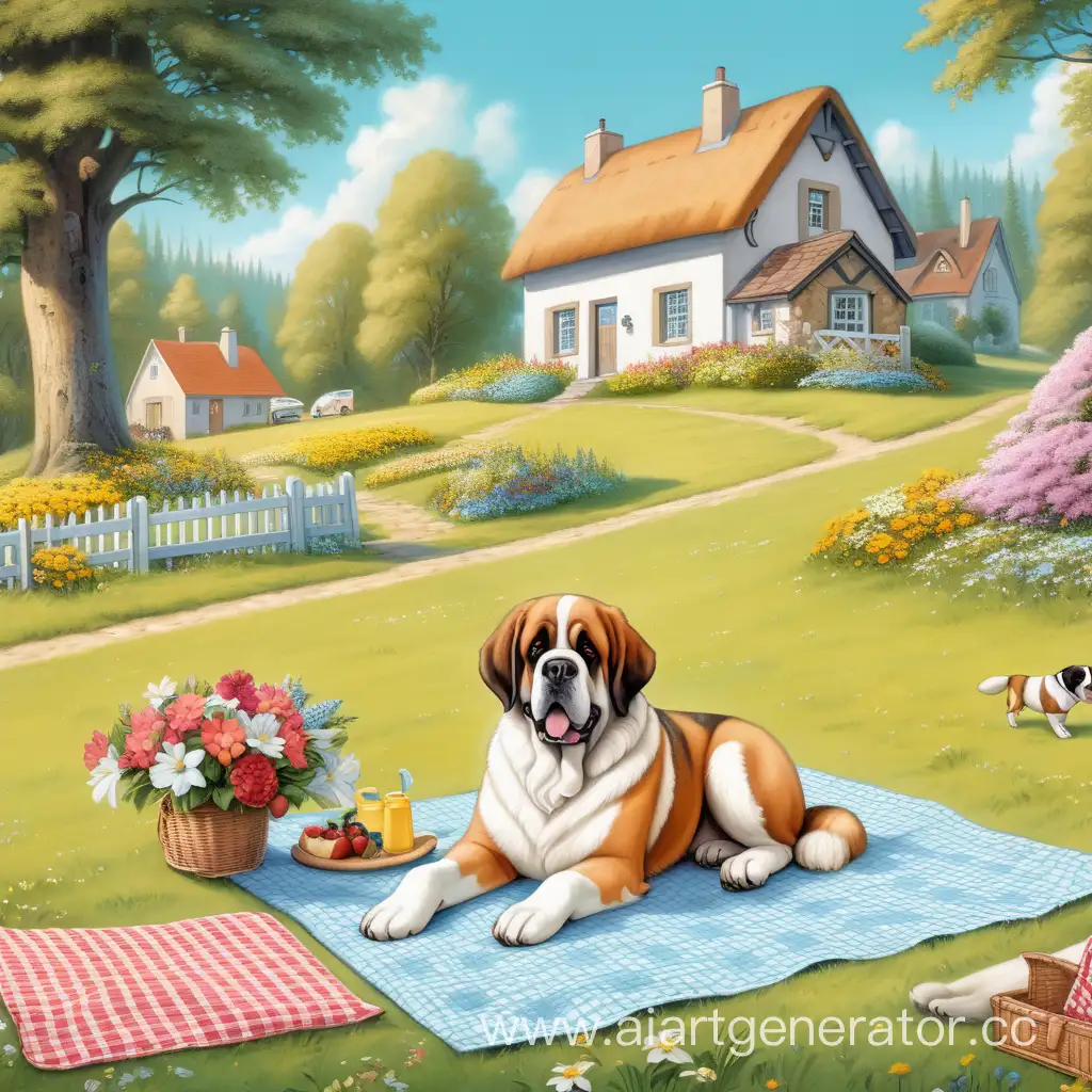 Sunny-FlowerFilled-Clearing-with-a-Charming-TwoStory-House-and-a-Playful-Saint-Bernard-Dog