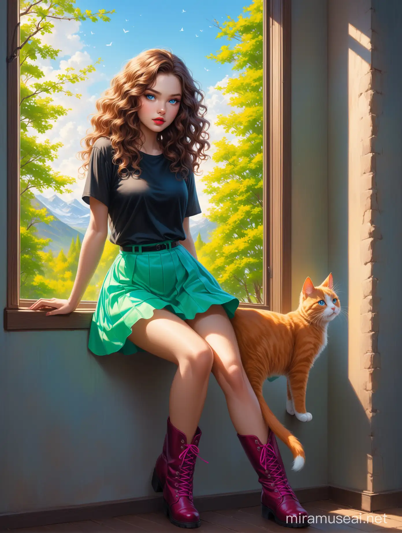 Aivision, strong neon colors, full body of beautiful young women with dramatic expression, prety blue eyes , curly hair, , full red lips, brown hair, She wears a black shirt and skirt , she wears amazing boots in neon colors,full body . she looks out the window anxiously ,colorful spring environment , cat ,image realistic, realistic facial features, Fairy Tail, Extremely detailed , intricate , beautiful , fantastic view , elegant , crispy quality Federico Bebber's expressive, full body, Coordinated colours,