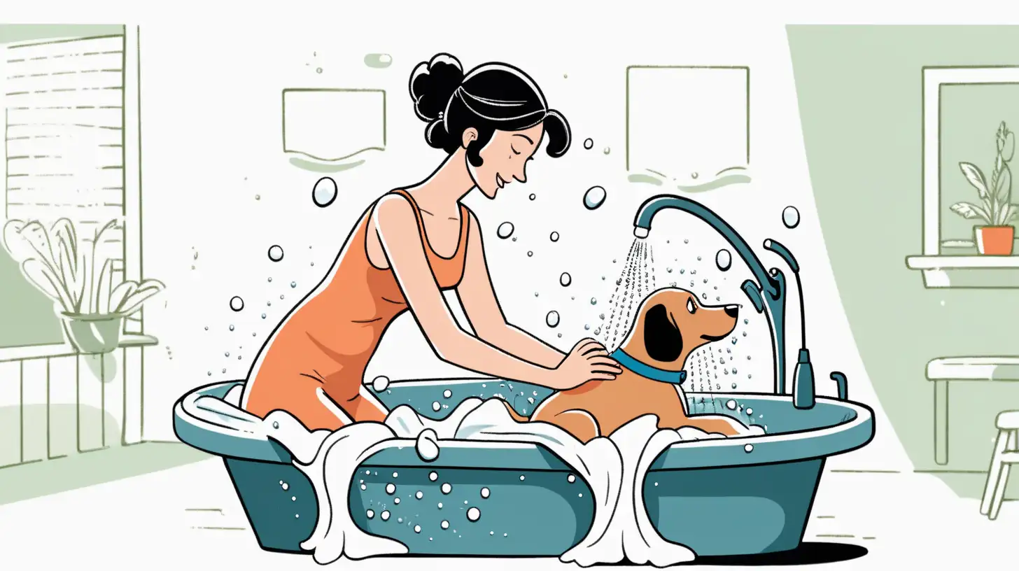 cartoony illustration of woman washing the dog on white background