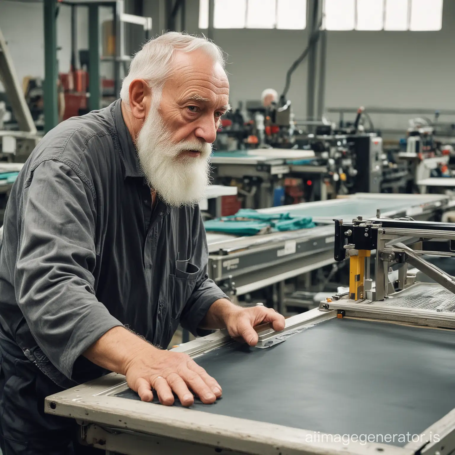An old man with a white beard working with an industrial silk screen printing machine in a large factory in Germany