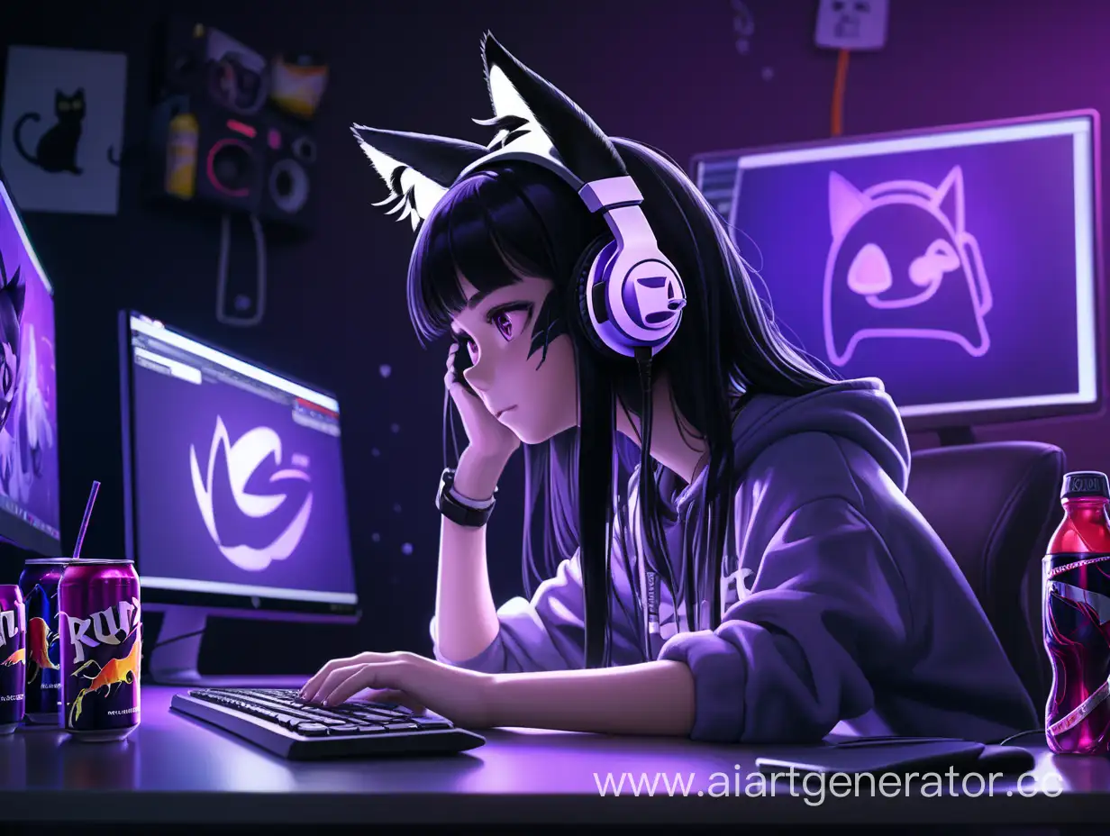 Weary-Girl-with-CatEar-Headphones-at-Computer-in-Dimly-Lit-Room
