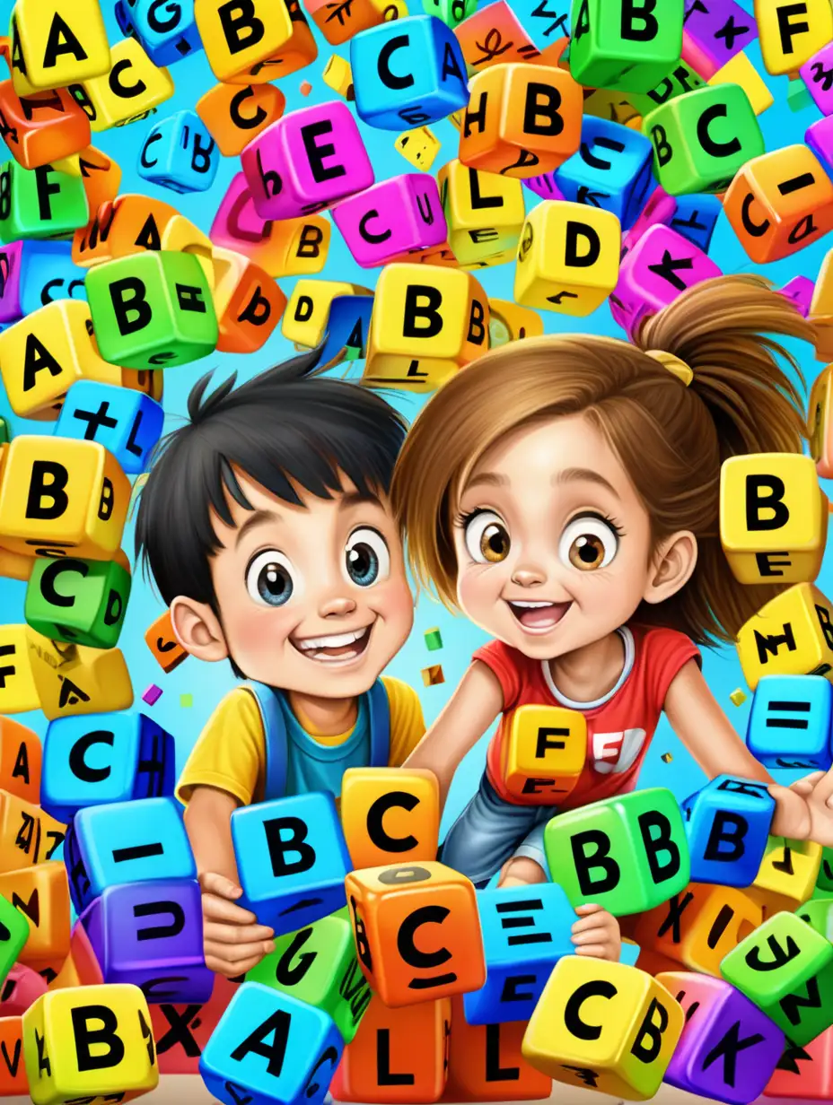 10 year old boy and 10 year old girl with happy face in the falling 40 pieces of colorful letters (A B C D E F G K L M N Y T Z S M)cubes, cartoon style


