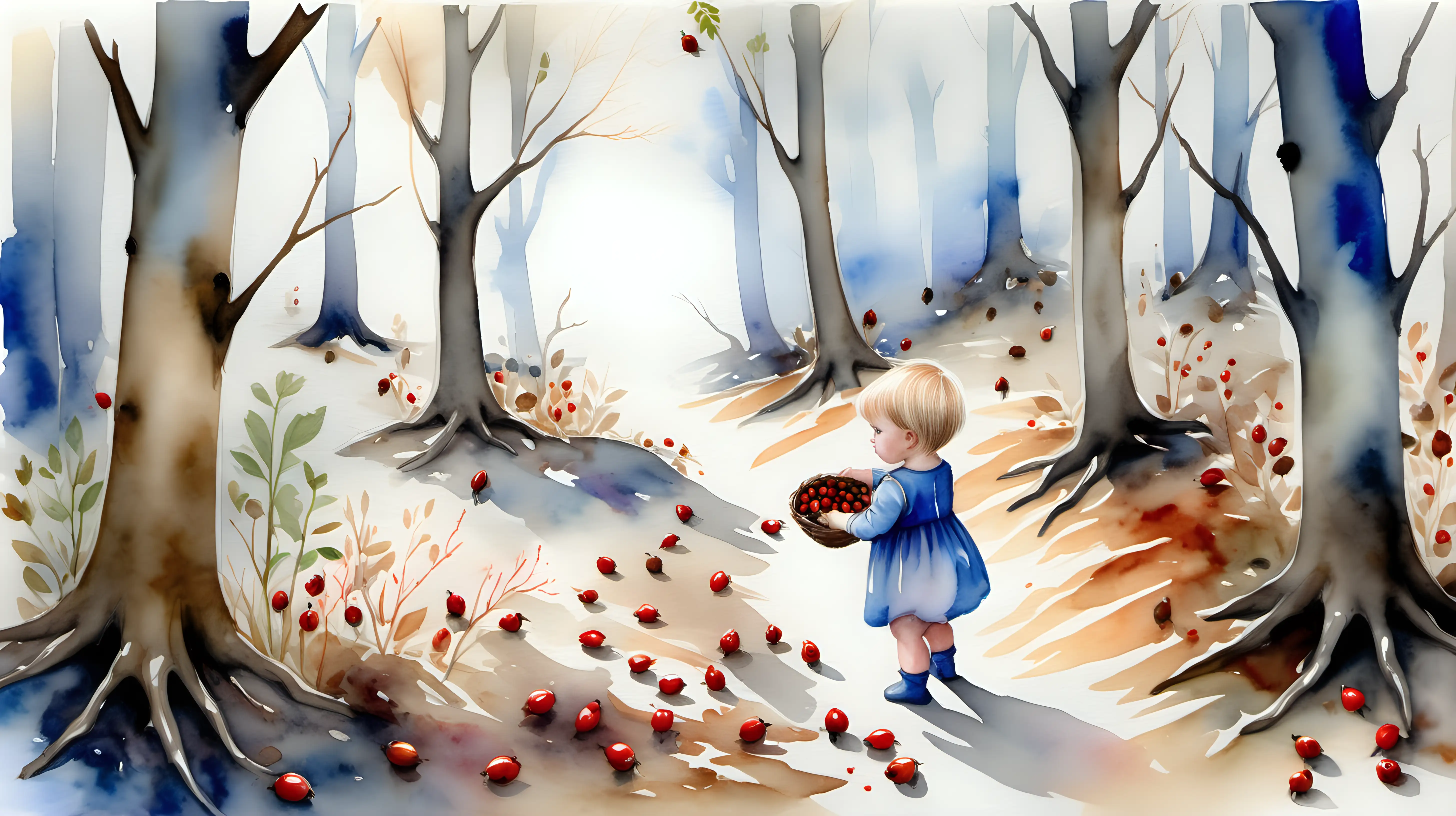 Watercolour fairytale painting. An fairytale wood. in the distance A 1yr old beautiful dark blonde blueeyed baby girl with loose short hair is collecting rosehips and acorns