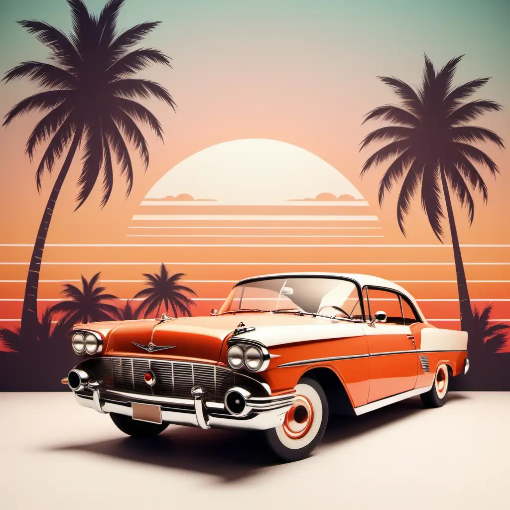 vintage car,backdrop retro sunset,incorporate elements like palm trees,use vintage colour pallete, white bachground