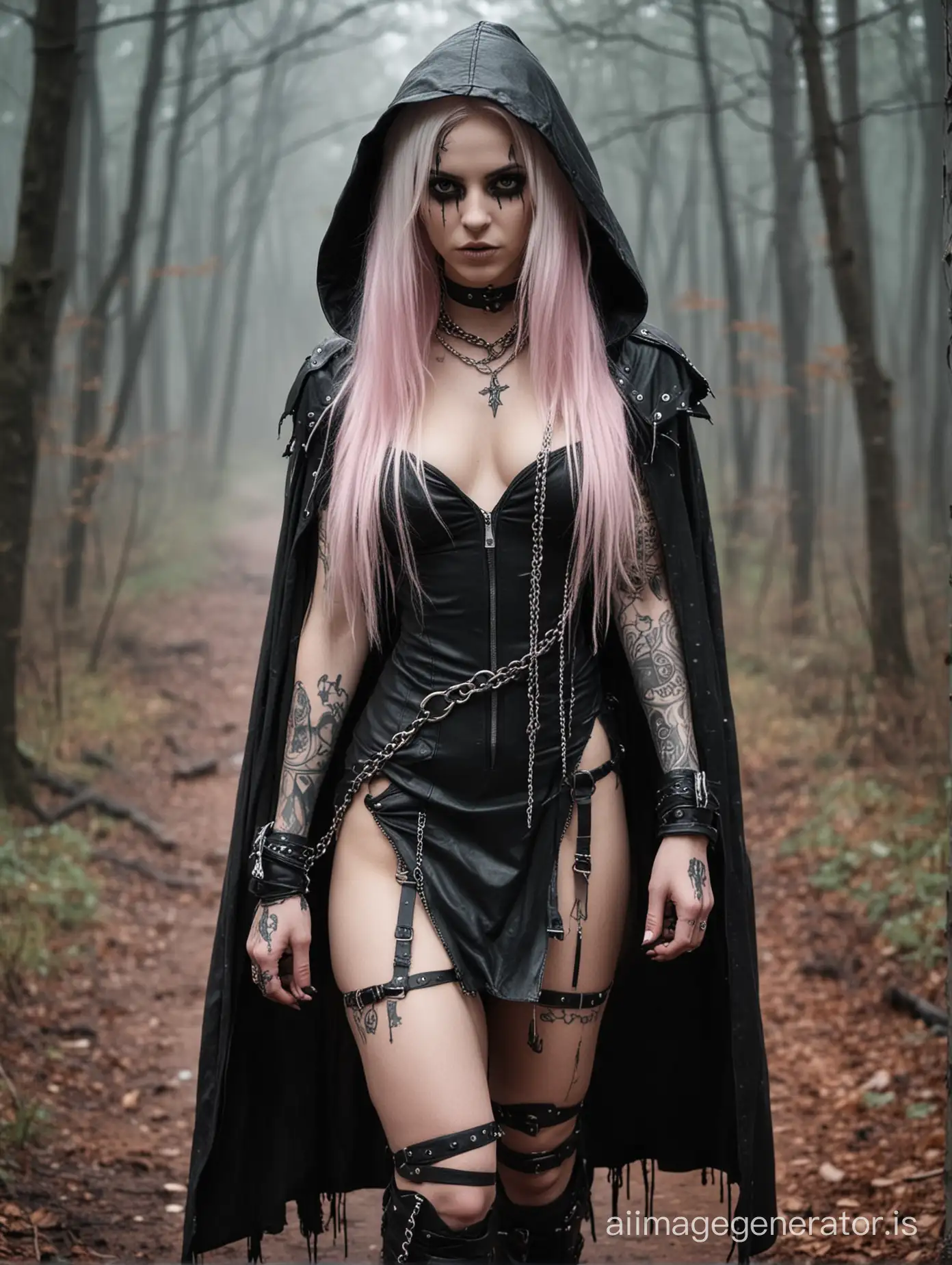 Young spooky skinny goth girl with a torn, ripped up and dirty pink dress. some spiked leather straps and a hooded cape. Very long white hair. dark black running eye makeup. holding chain blade and a stuffed doll. tattoos and scars. foggy forest in the background