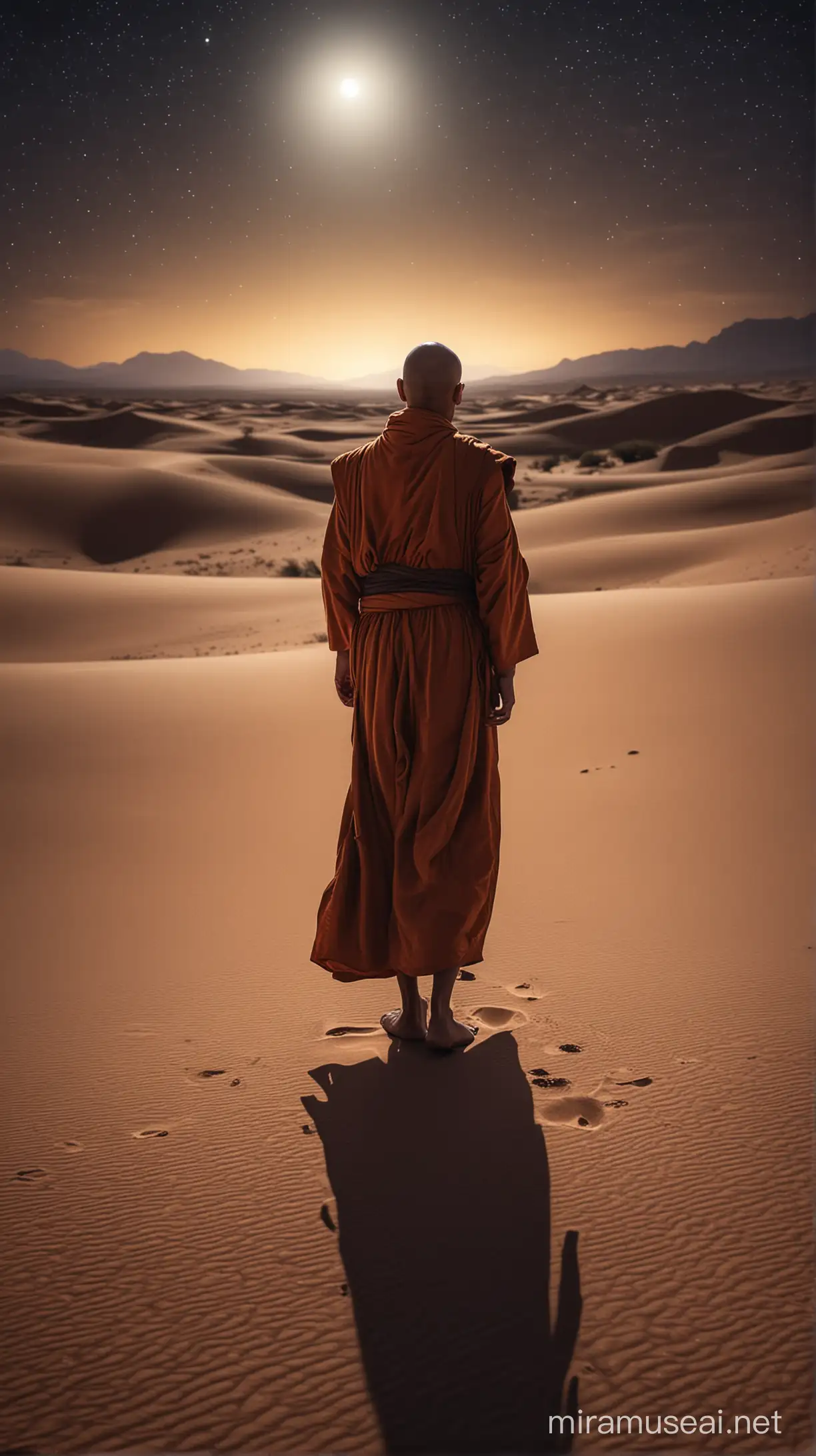 A night in the desert a Monk is walking alone in the desert 