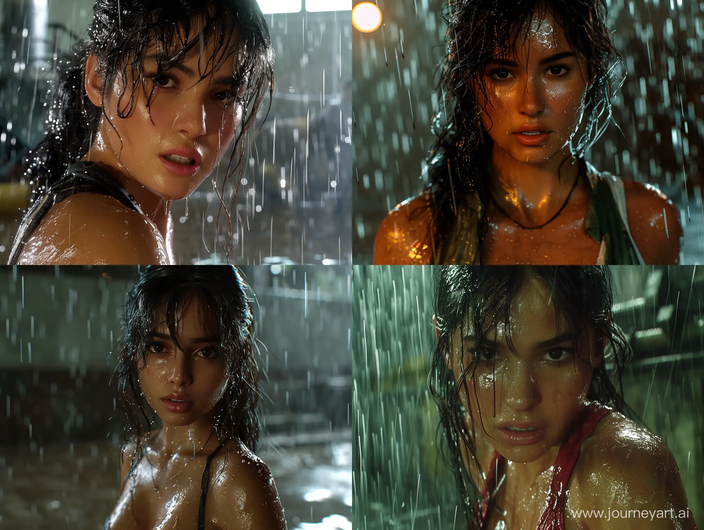 A hyper ultra realistic action The developer and three senior managers along with the senior supervisor and five supervisors are preparing the new version of Mafiatime. with hyper realistic skin details. It's raining and her skin is wet. Cinematic action pose. --v 6.0 --s 250