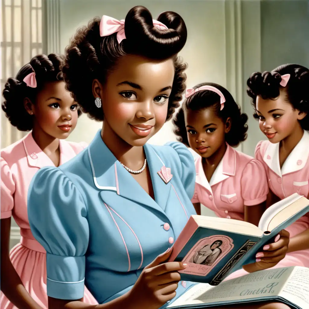 Beautiful young black woman in the year 1943 wearing baby blue and baby pink. She is a member of Gamma Phi Delta Sorority. She is reading to some beautiful young black girls.
