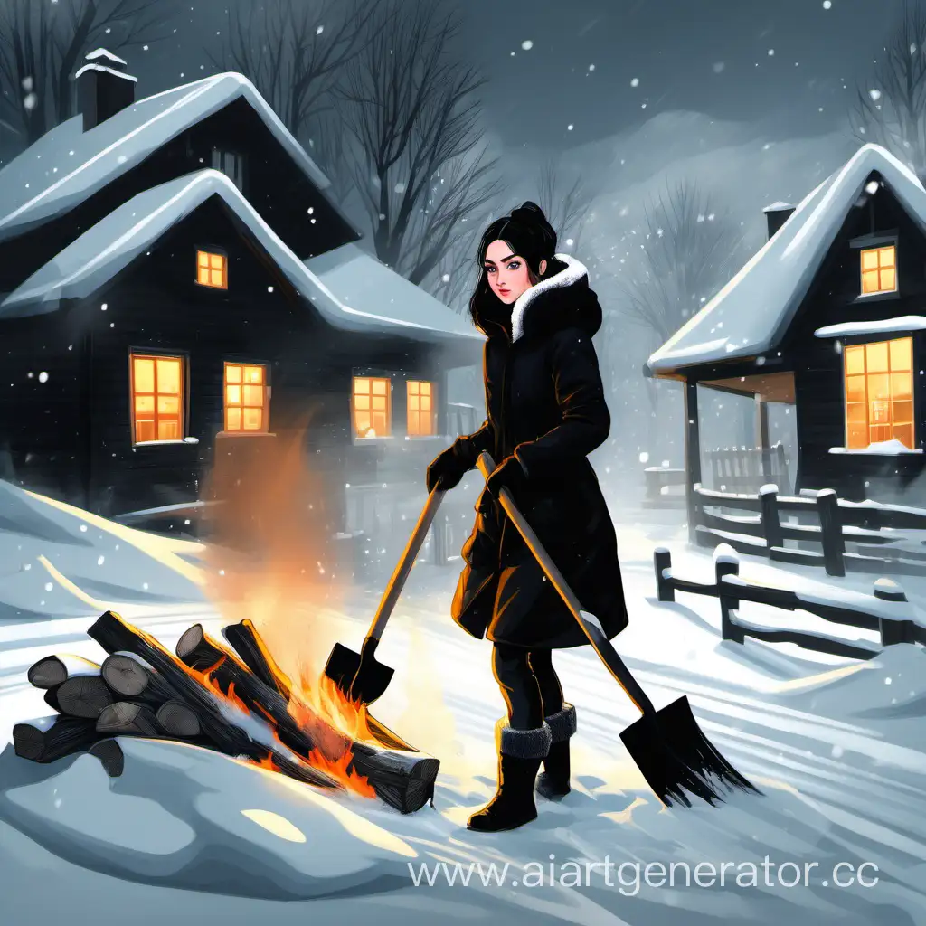 Девушка в чёрной куртке и с чёрными волосами чистит снег лопатой в деревне к дровам зимой
